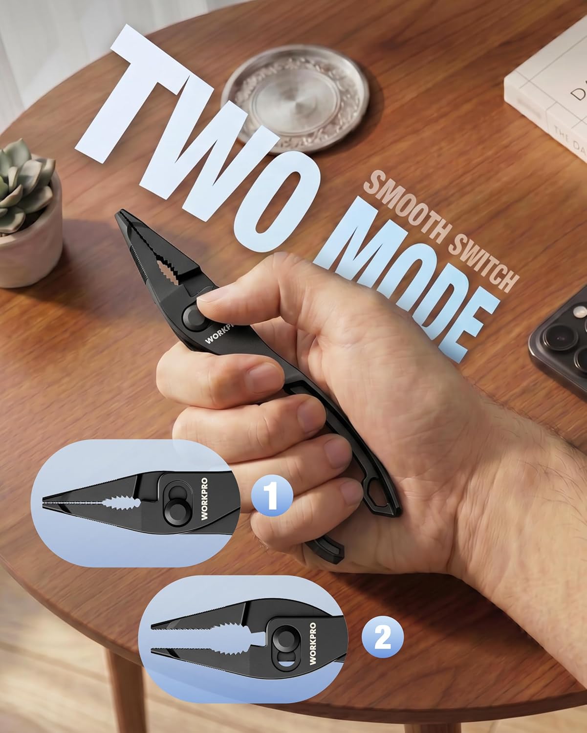 WORKPRO slip joint pliers with smooth switch and two-position jaw adjustment