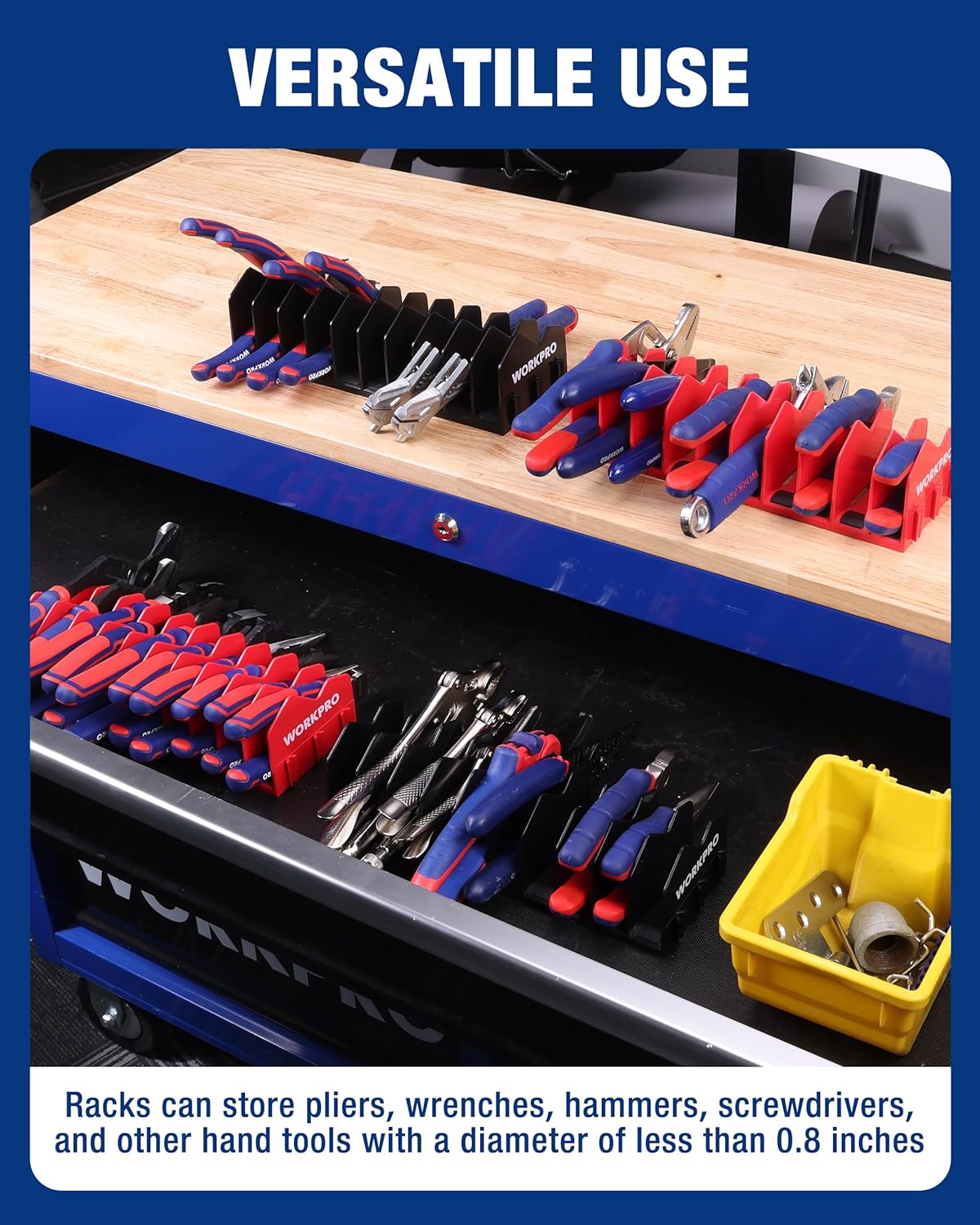 Multi-slot plier organizers holding pliers and tools across drawer compartments
