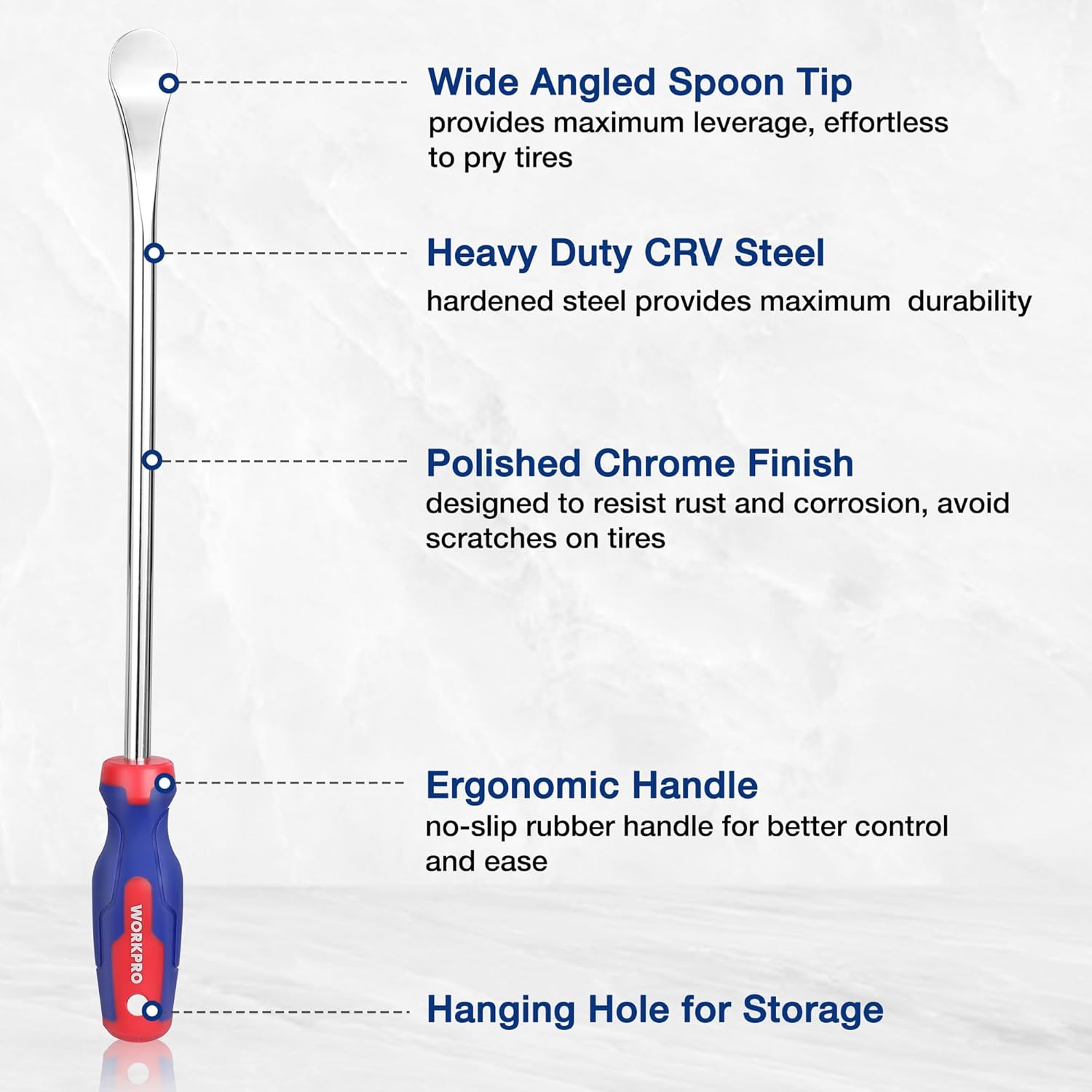 Red and blue tire spoon lever with wide angled tip, CRV steel build, and grip handle