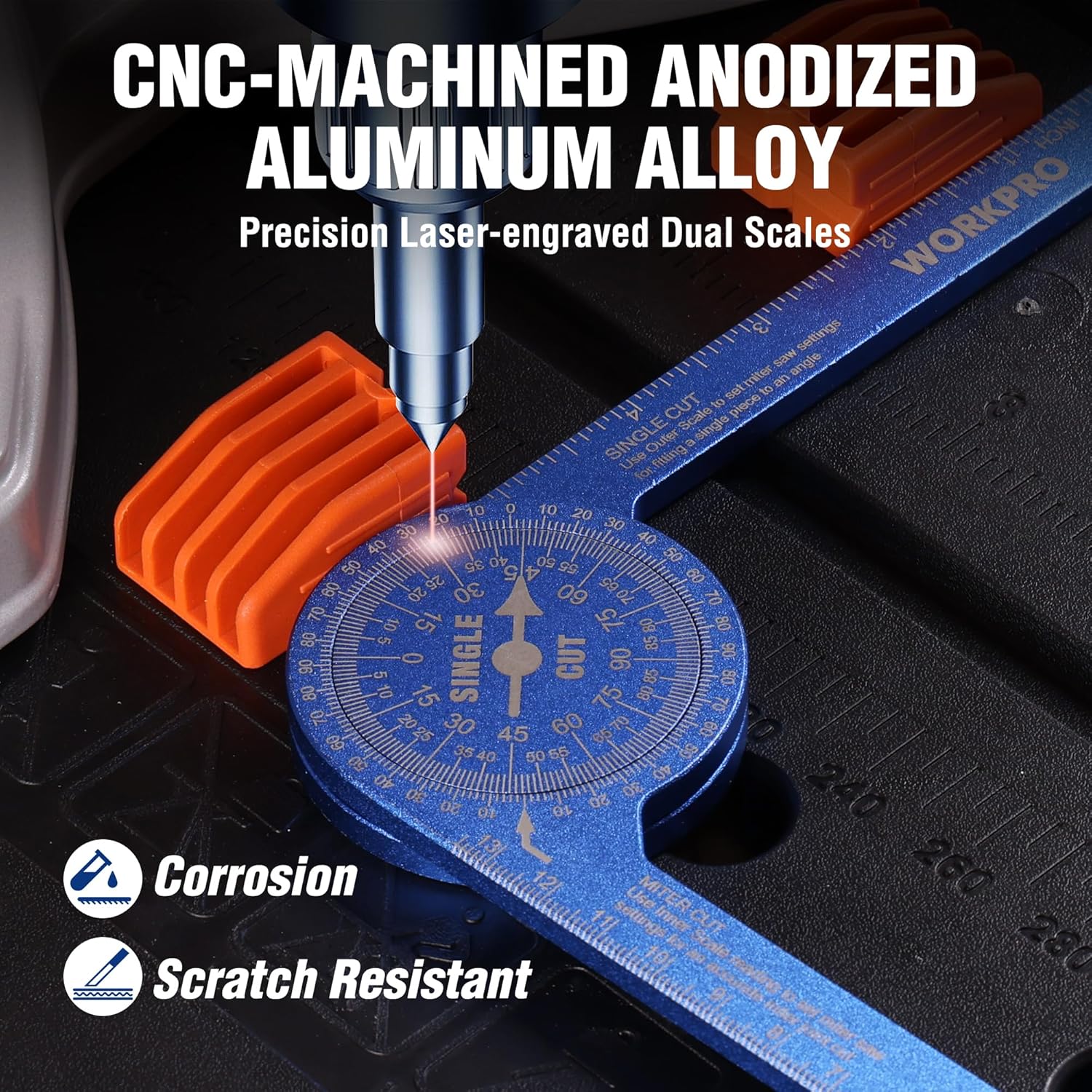 Blue aluminum miter protractor with laser-engraved dual scales on a work surface