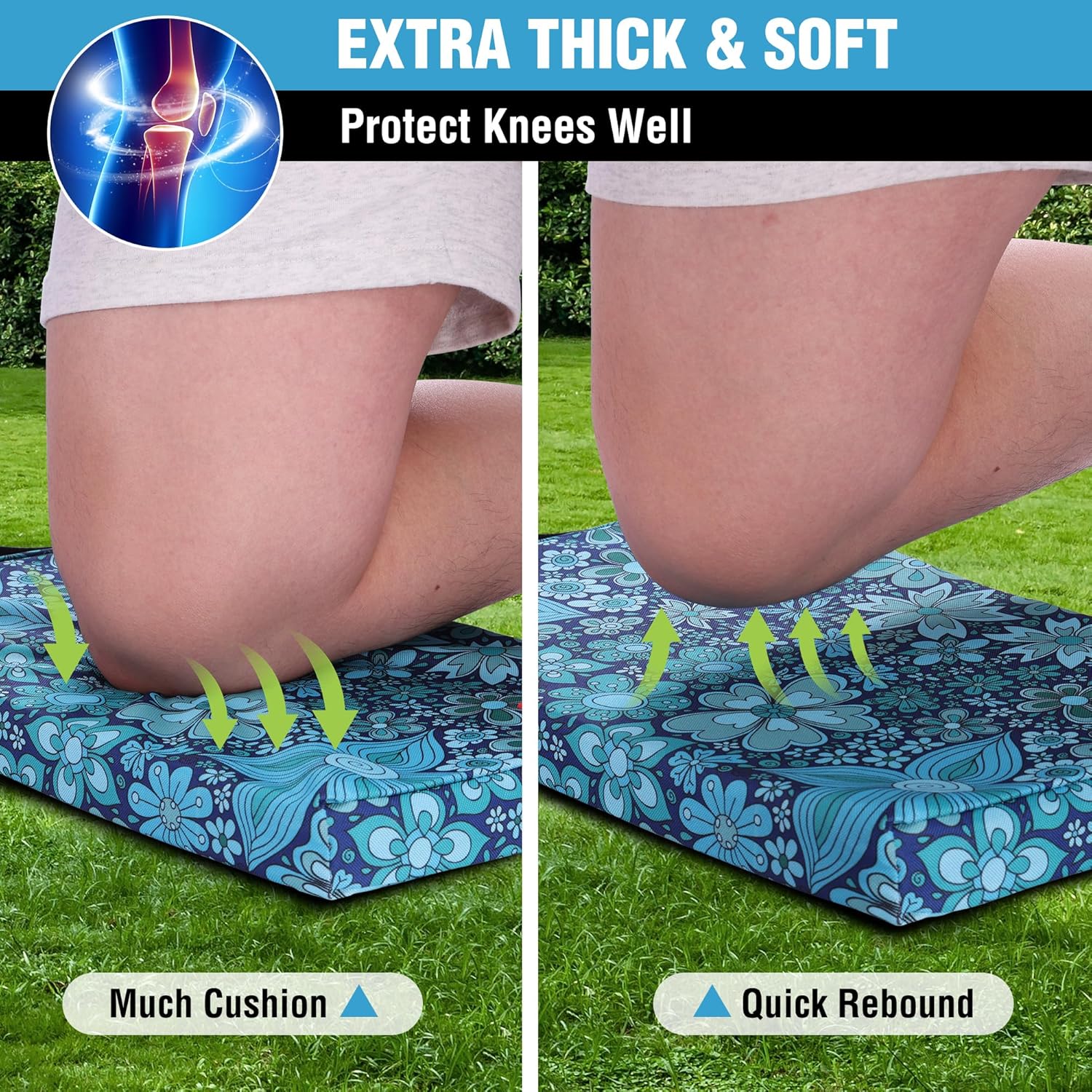 Blue floral kneeling pad providing soft cushioning under a bent knee