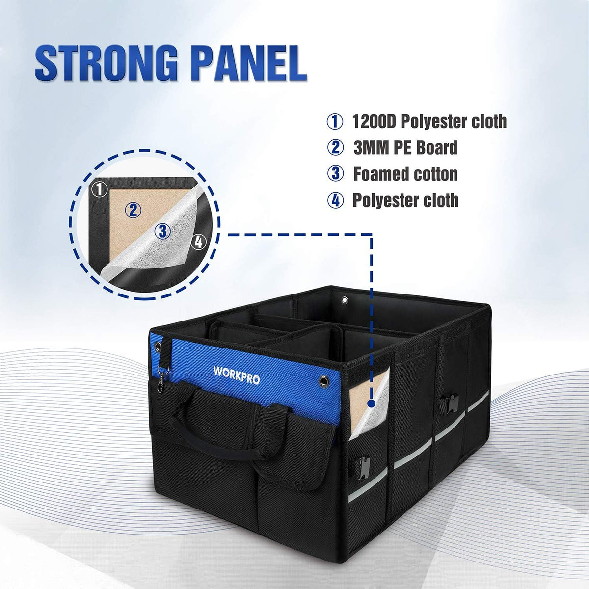 Black collapsible car trunk organizer with reinforced panel and top lid.