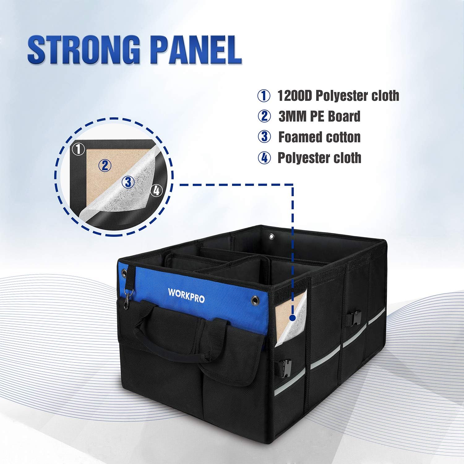 Black collapsible car trunk organizer with reinforced panel and top lid.