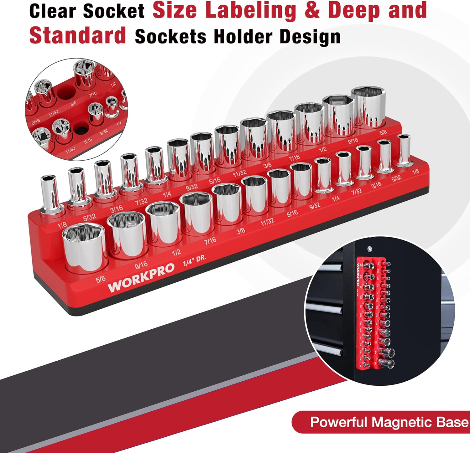 WORKPRO magnetic socket organizer with clear size labels, red base for deep and standard