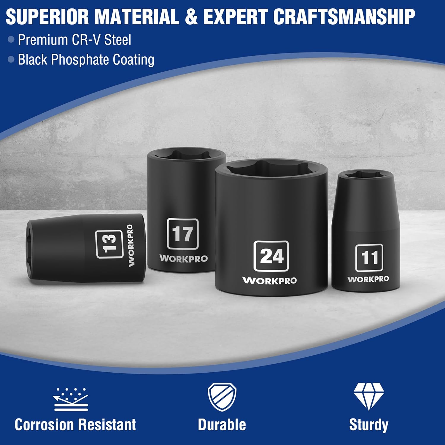 WORKPRO metric shallow impact sockets in black finish, showing 11mm, 13mm, 17mm, 24mm