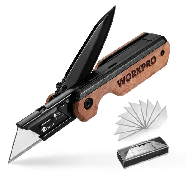 WORKPRO 2-in-1 Folding Utility Knife, Extra 10 SK5 Blades Included