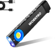 Slim black rechargeable flat flashlight with bright LED and circular blue ring light
