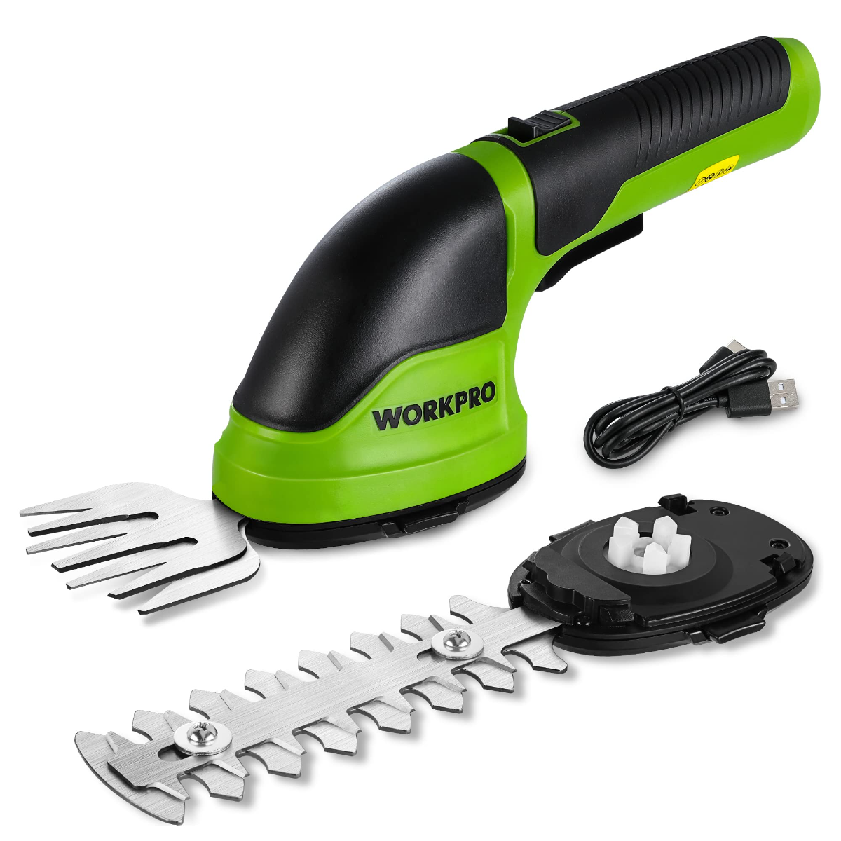 Handheld electric trimmer in green and black with grass cutter and shrub blades