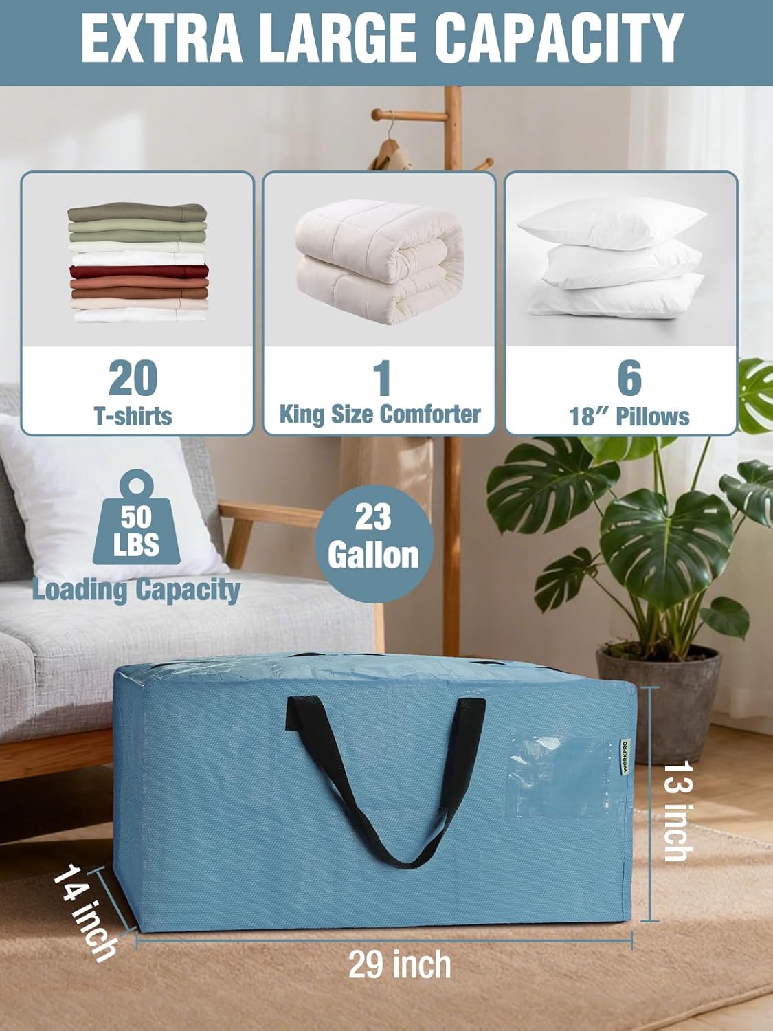 Dusty blue extra-large storage tote with black double handles, shown with size scale.