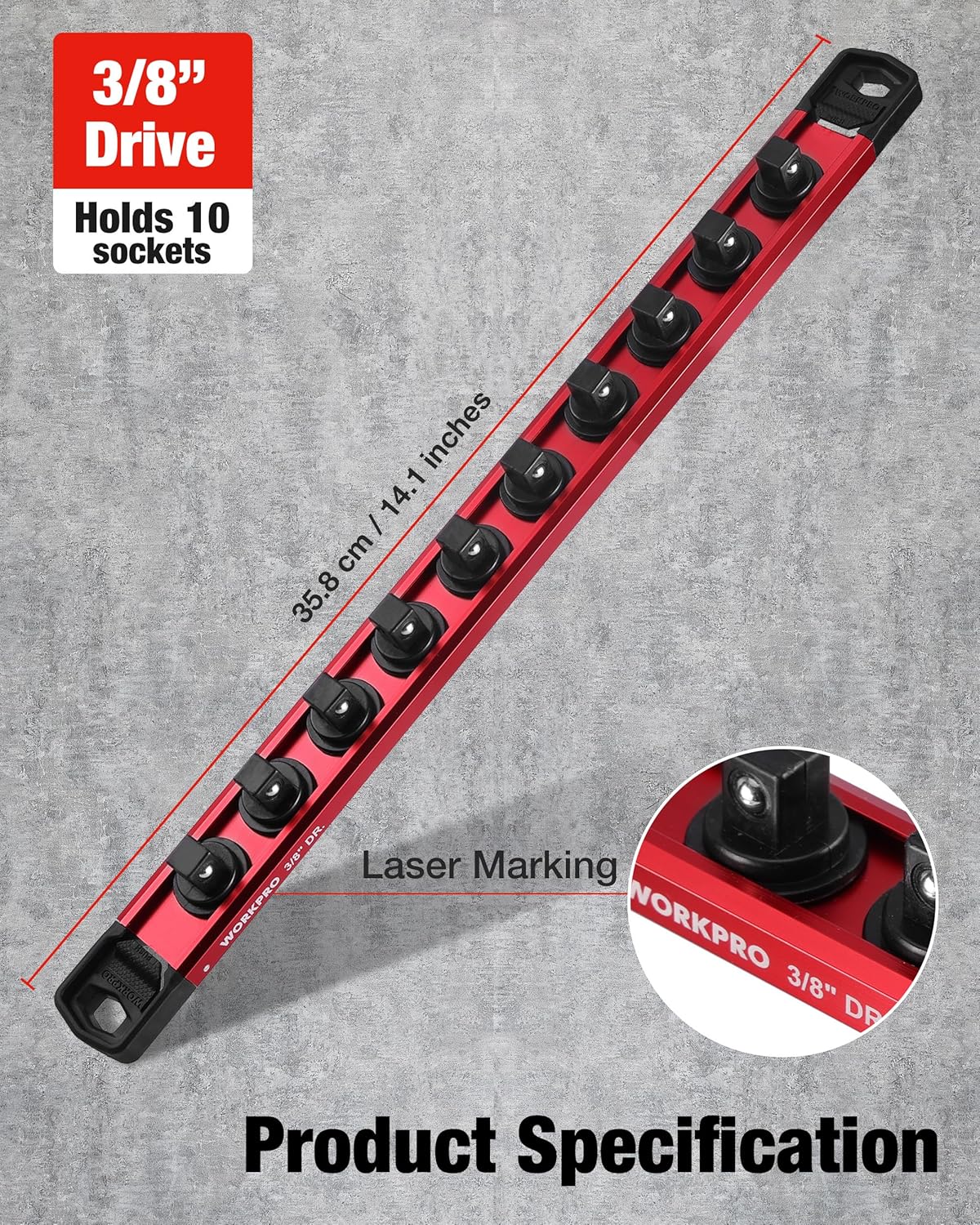 Red magnetic socket organizer bar with laser markings and 10-socket capacity layout