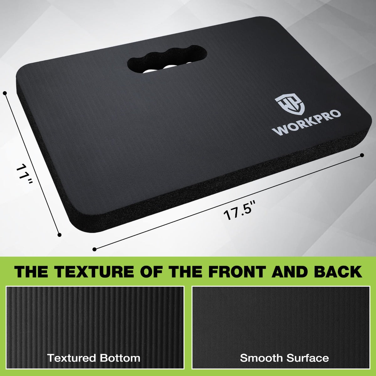 Black extra-thick foam kneeling pad with carry handle cutout and WORKPRO logo