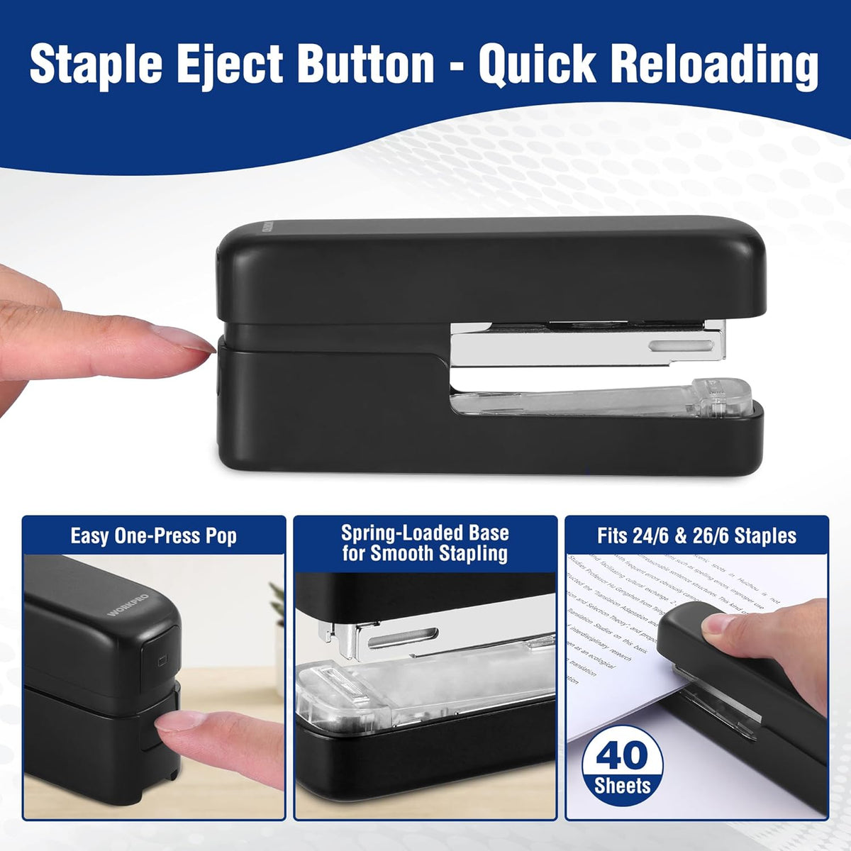 Black stapler with open clear base and spring-loaded pop-up for quick reloading