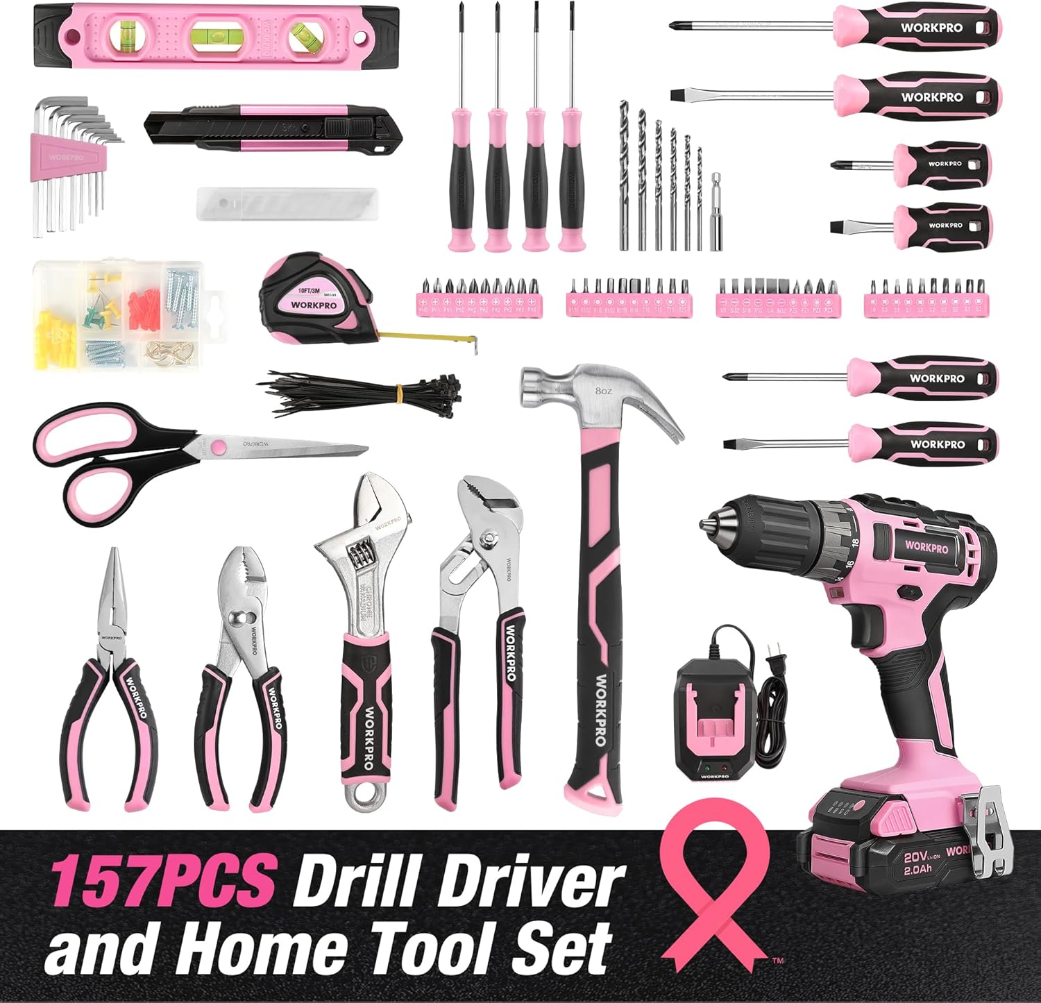 Pink 157-piece tool kit layout with cordless drill, screwdrivers, bits, and hand tools