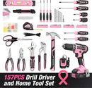 WORKPRO Pink Drill Set with UPGRADED Tool Bag, 157PCS Tool Kit For Home with 20V Cordless Drill Driver, Household Pink Tool Set including Screwdriver, Hammer, Tool Kit for Women and Men - Pink Ribbon