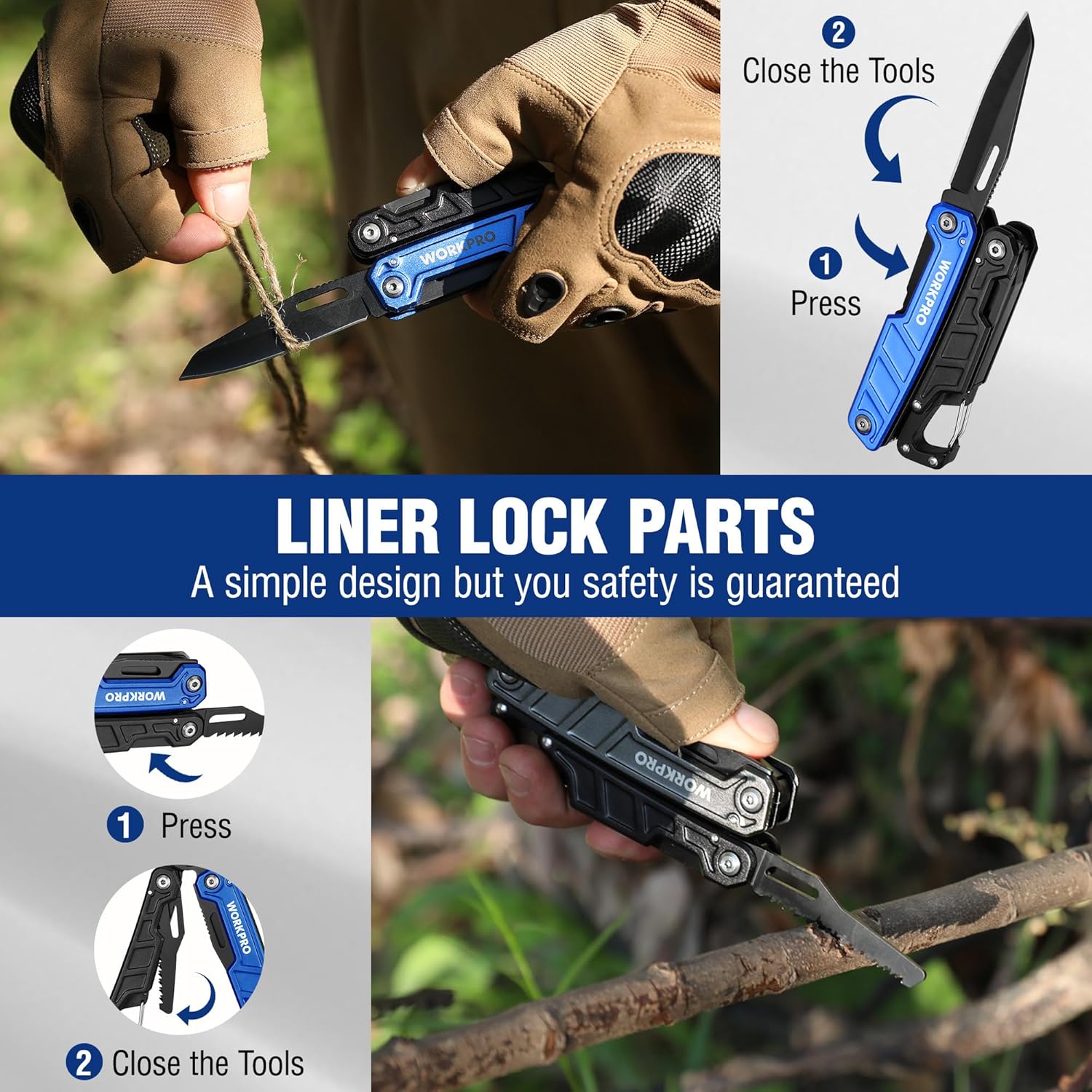 Blue and black multitool with liner lock mechanism for safe open and close