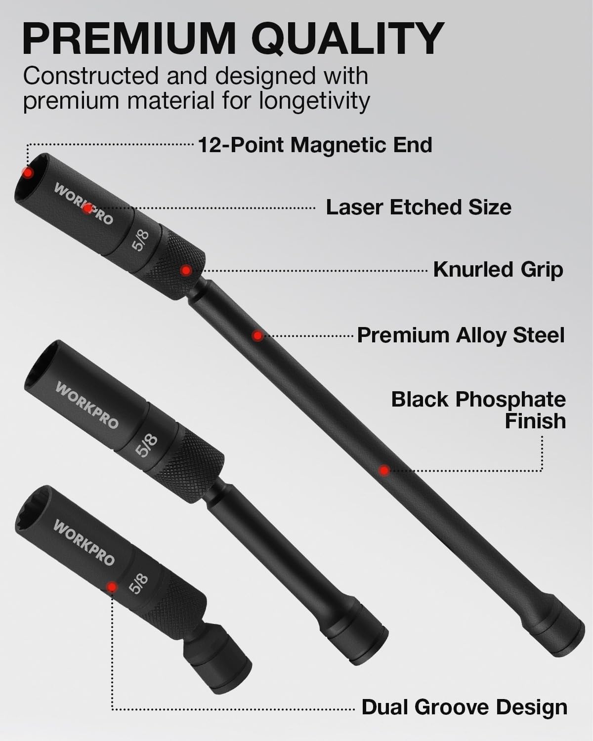 Black magnetic spark plug sockets with knurled grip, laser-etched sizes, and alloy steel