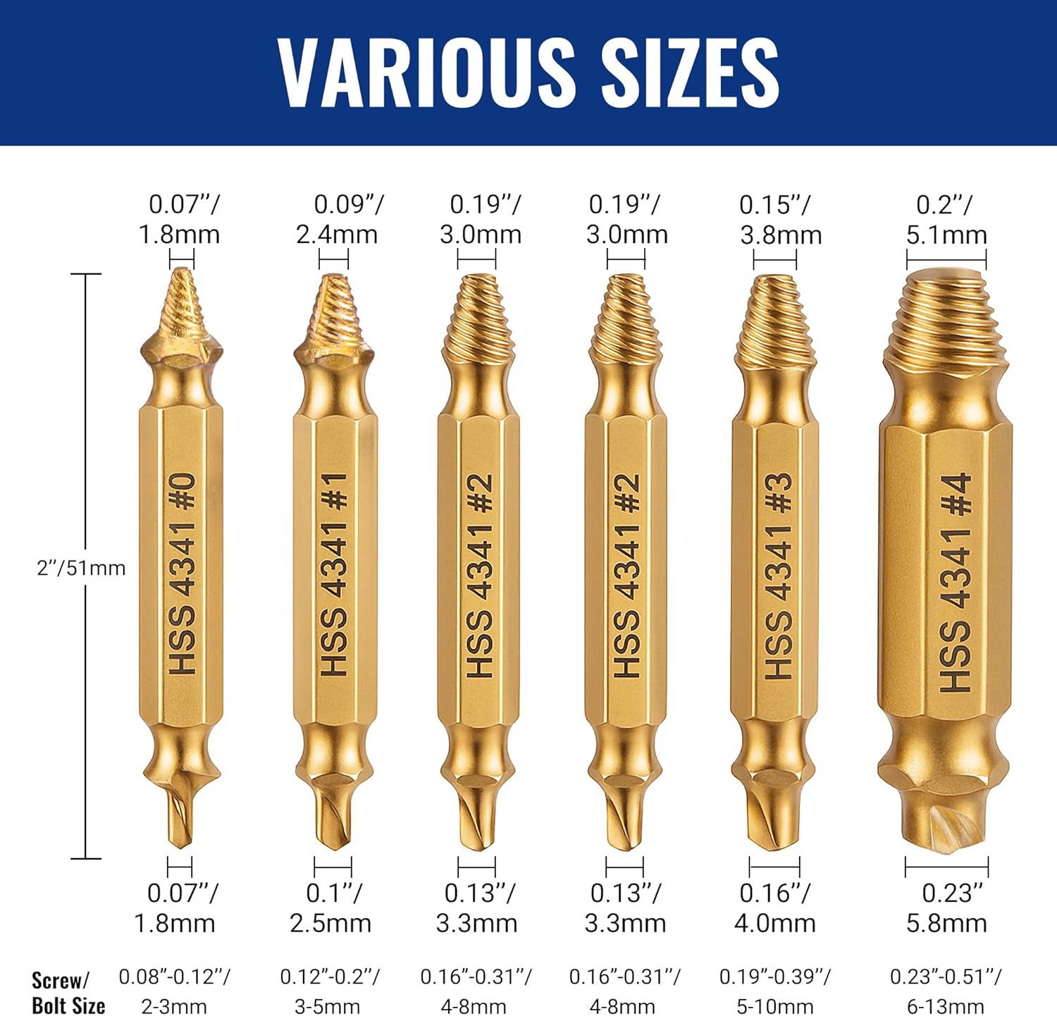 HSS 4341 screw extractor drill bits set with various sizes and #0 to #4 markings