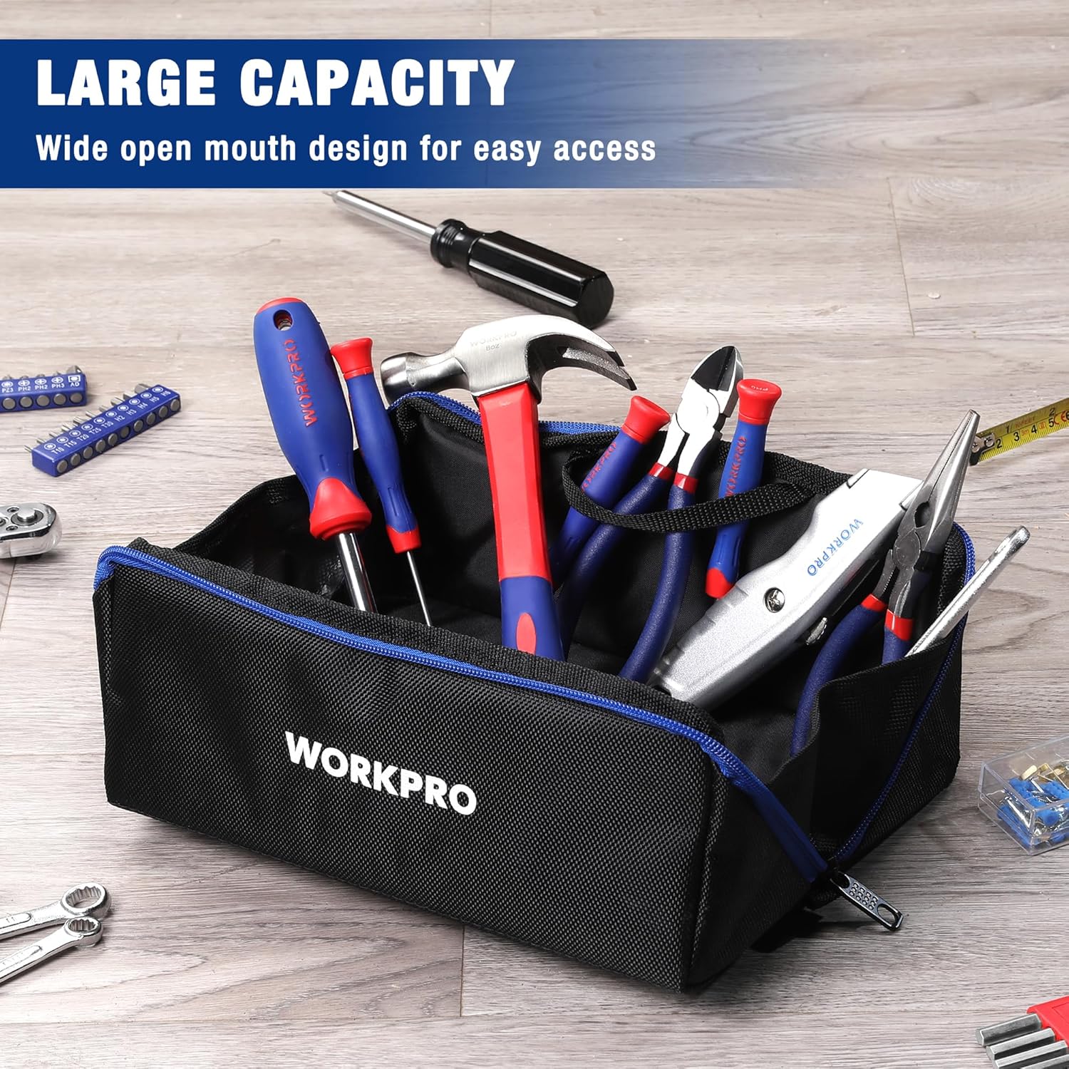 Black WORKPRO tool bag with wide open mouth, blue trim, and zip closure