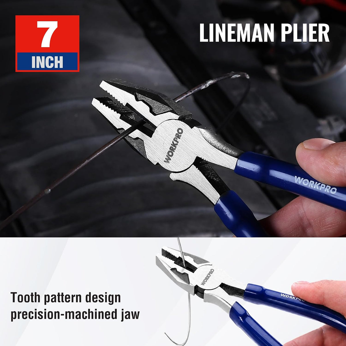Workpro seven-piece pliers set with blue handles, a 7 inch size, and precision-machined jaws showing tooth pattern design.