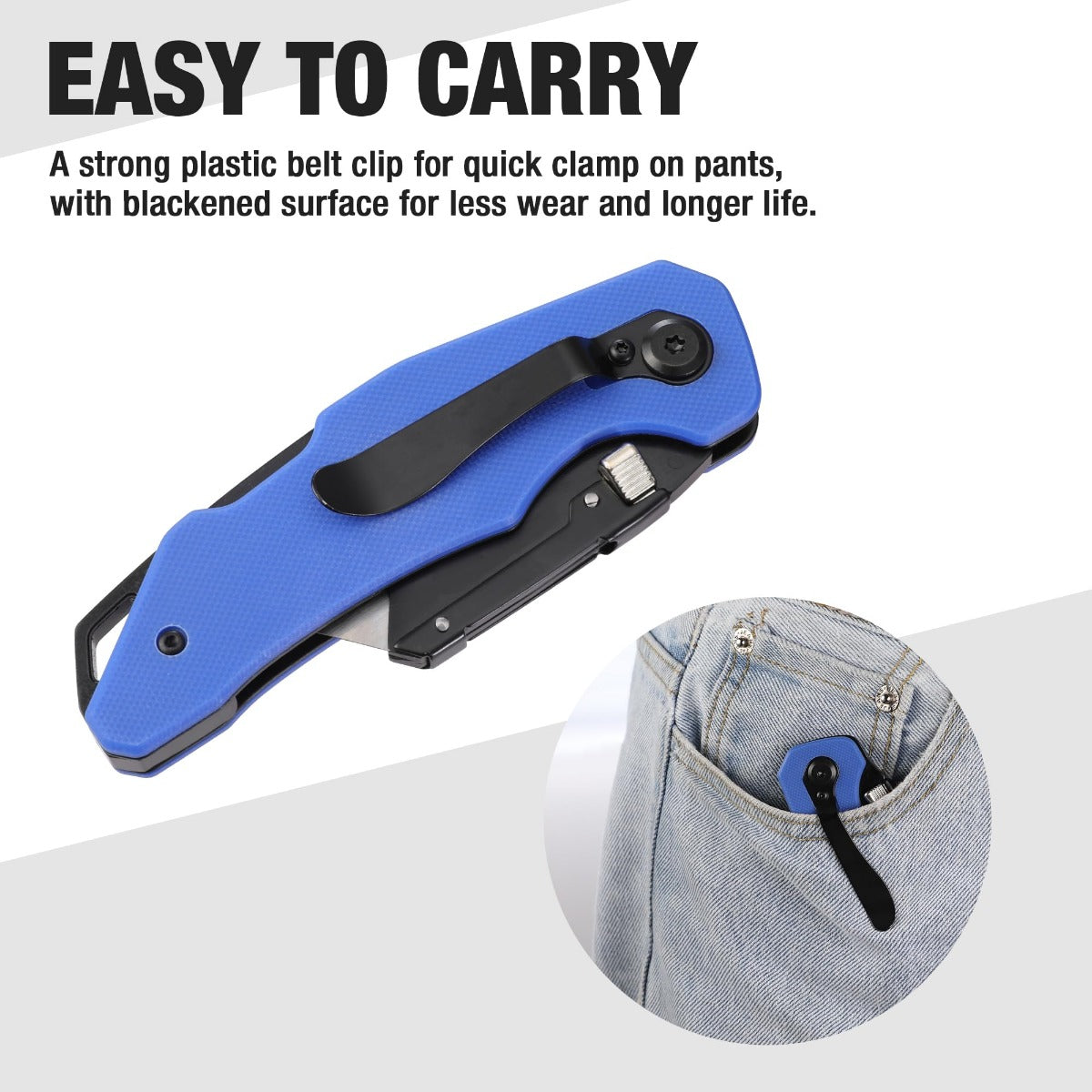 Blue G10 folding utility knife with black pocket clip for easy carry
