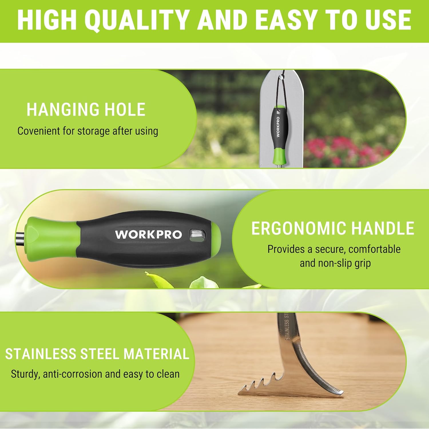 Stainless weed puller tool with green ergonomic handle and hang-hole grip