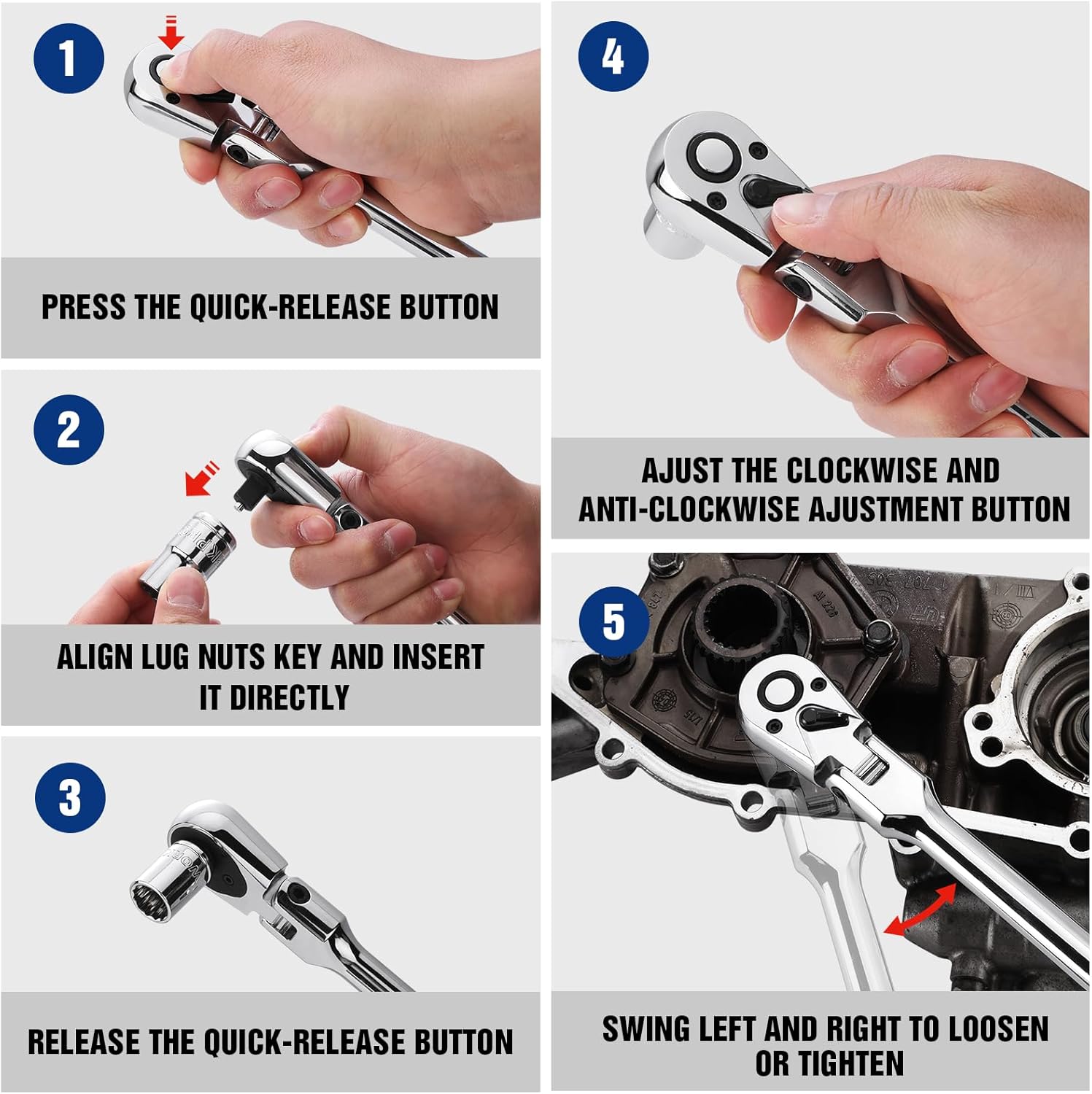 Hand operation of long flex-head ratchet showing quick-release and clockwise adjustment