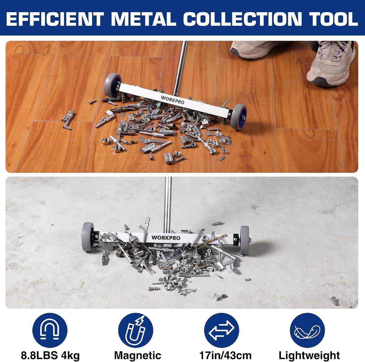 Magnetic pickup sweeper with blue wheels and steel frame collecting metal fasteners