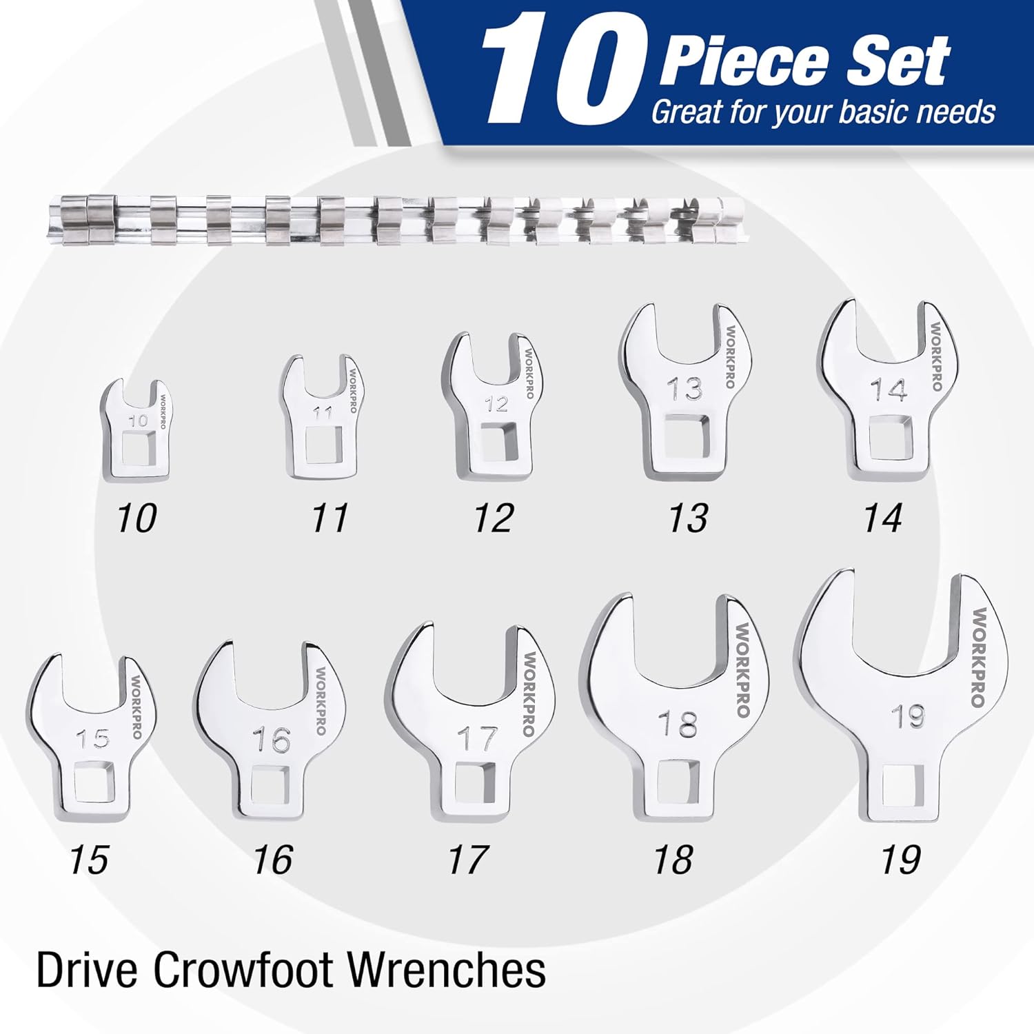 Set of 10 chrome-finished metric crowfoot wrenches, labeled 10–19mm open-end sizes.