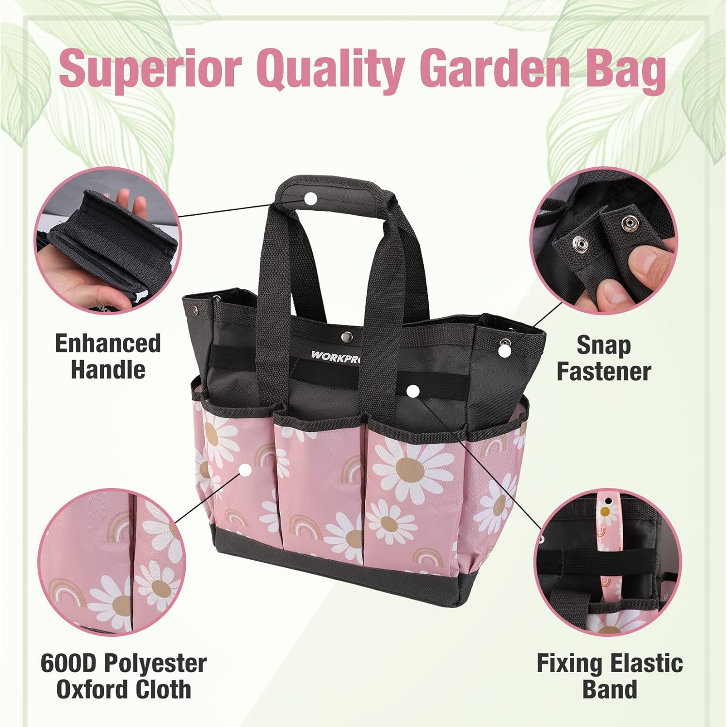 WORKPRO garden tool bag with pink floral fabric, black handle straps, and snap fastener