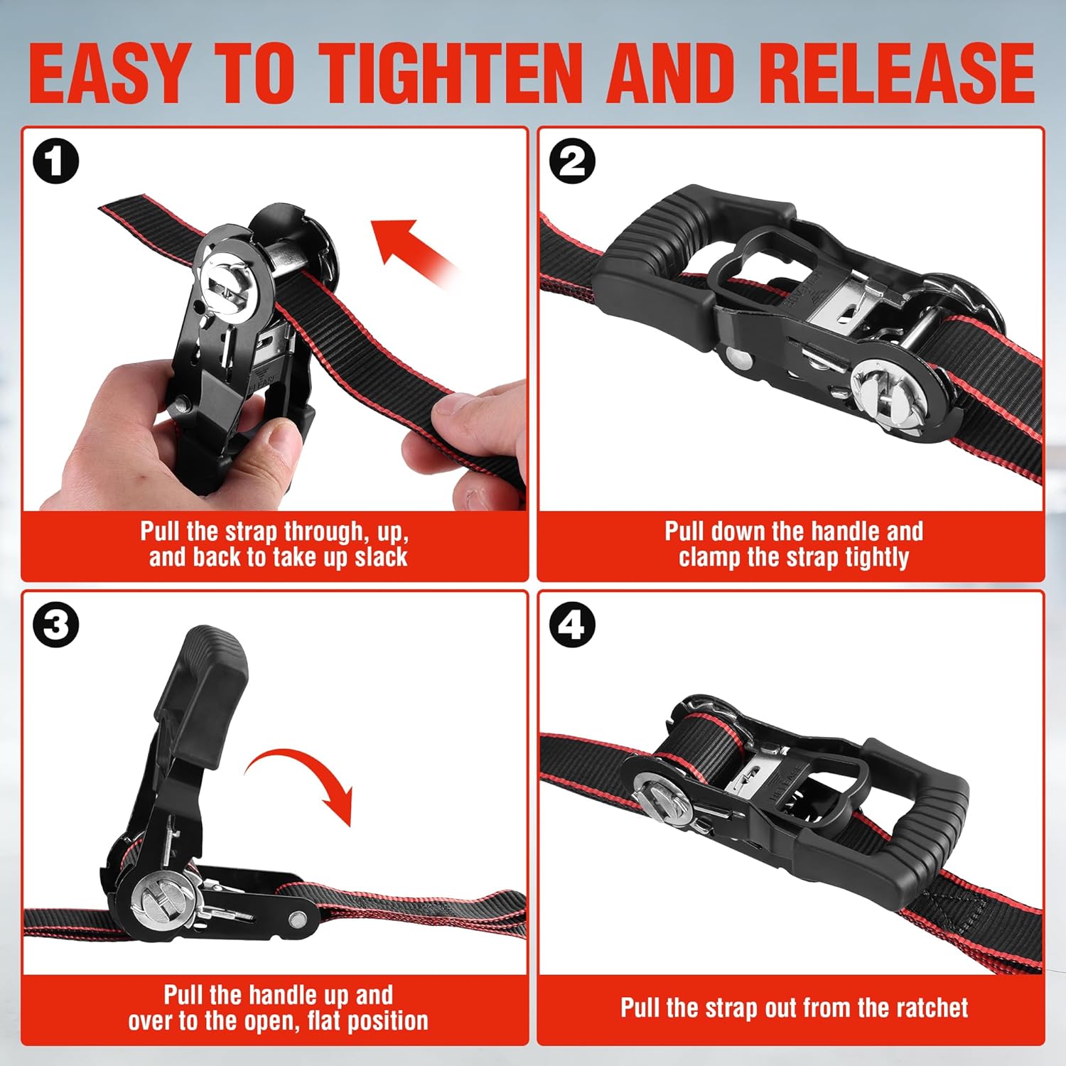 Ratchet tie-down strap tightening and release steps with handle and pull-through threading