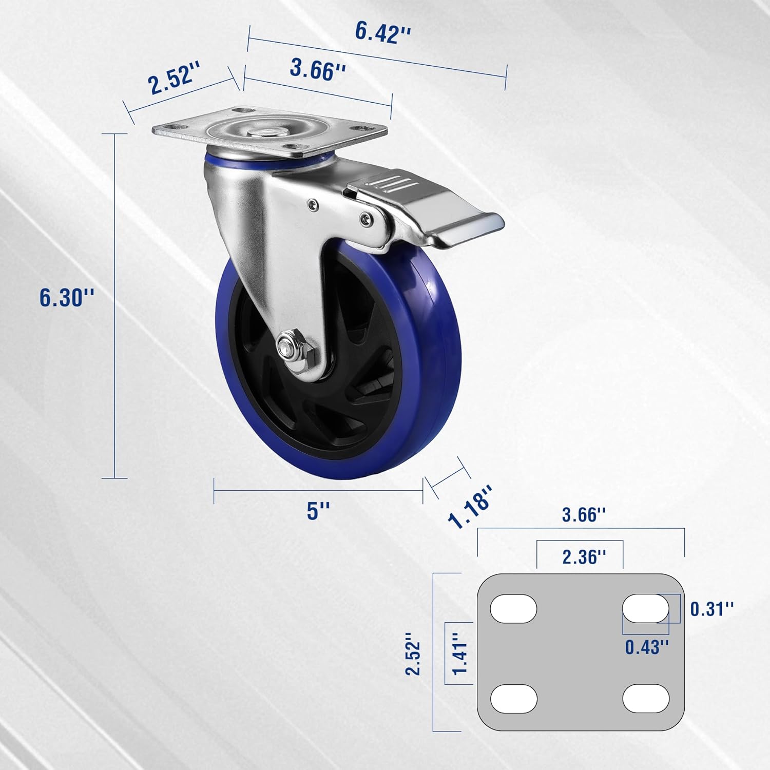 Swivel caster with mounting plate, blue PU wheel, black hub and brake lever