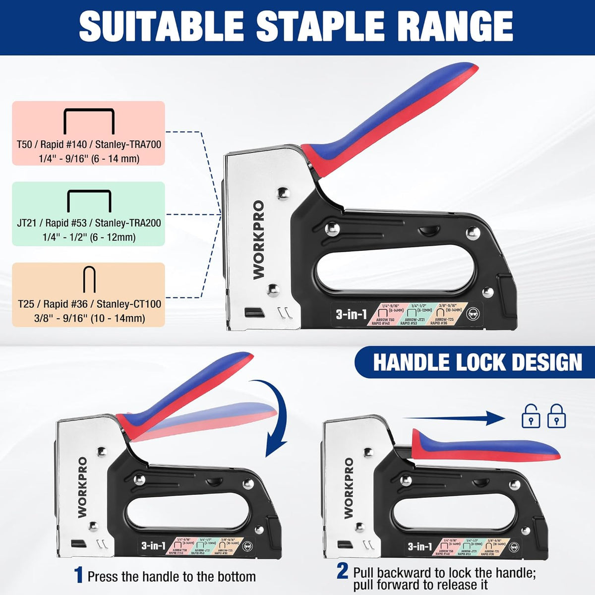 3-in-1 staple gun with handle-lock design and supported staple size chart