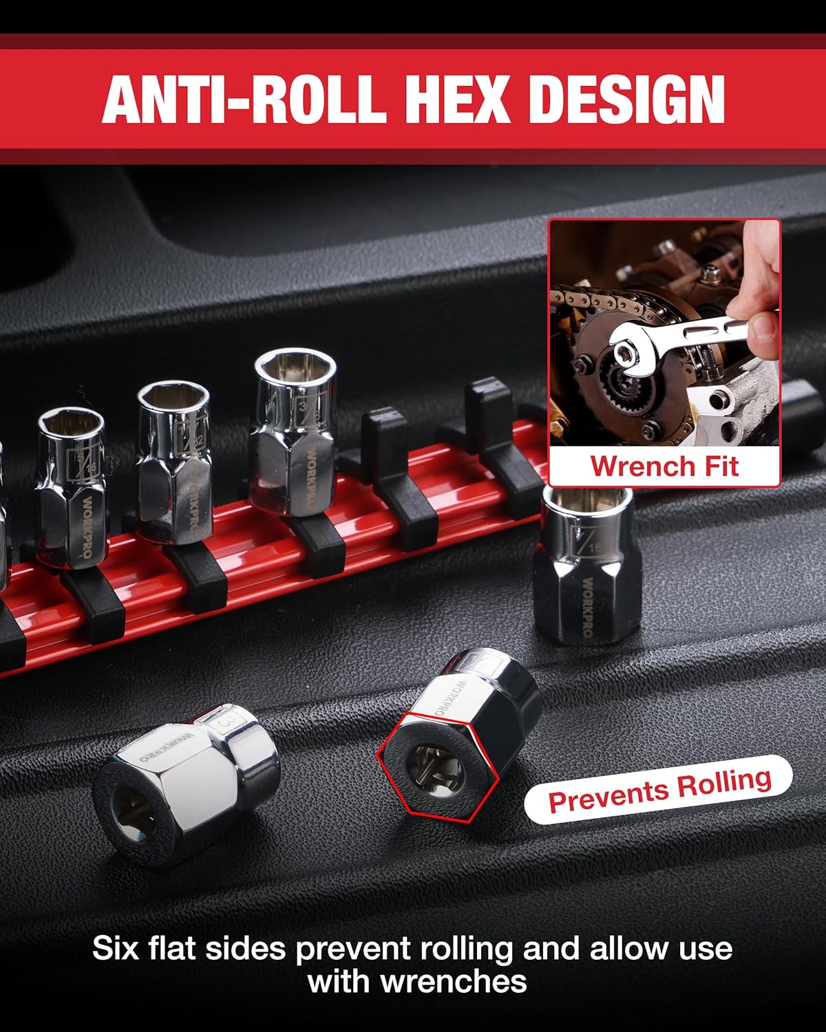 Hex anti-roll socket rail with 6-point sockets for wrench fit and stable seating