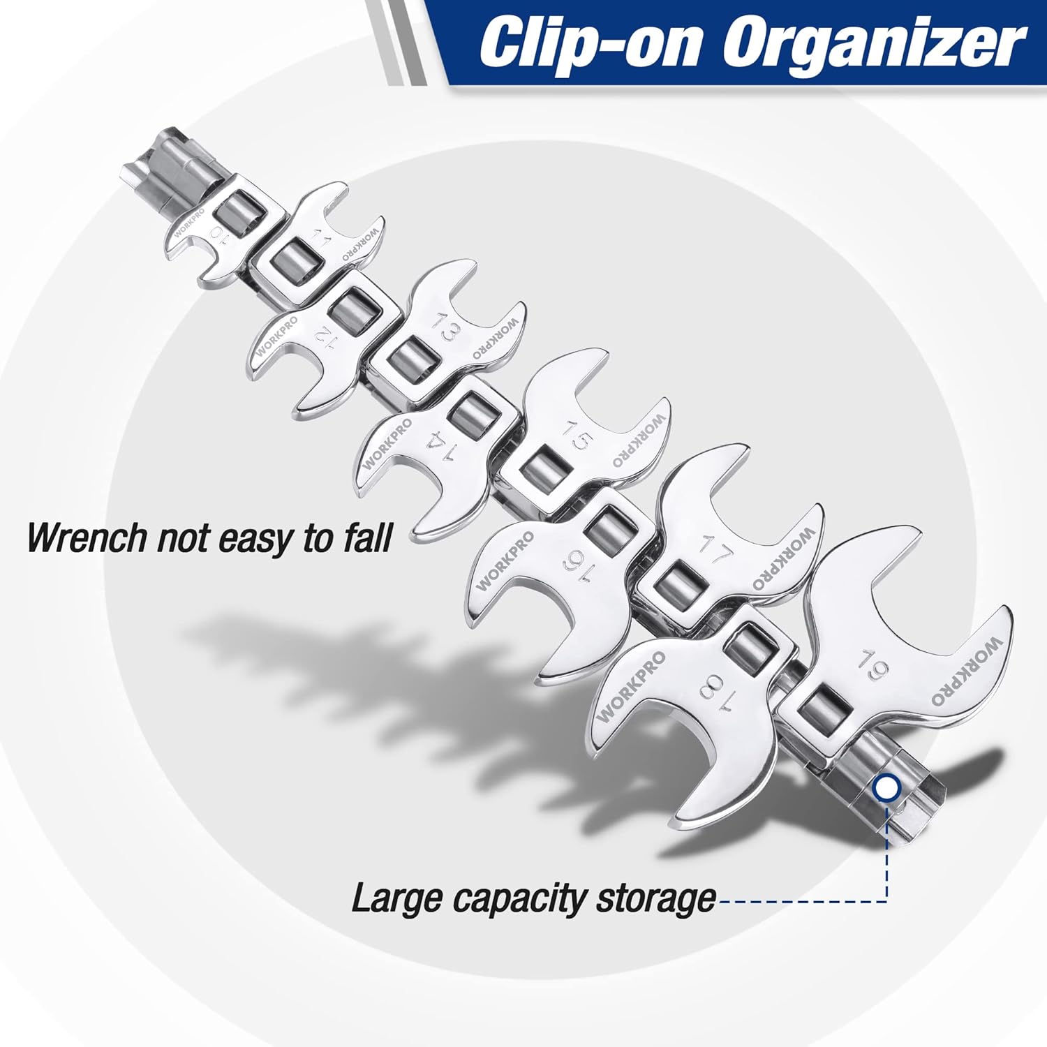Clip-on organizer holding chrome crowfoot wrenches, arranged by 10–19mm metric sizes.