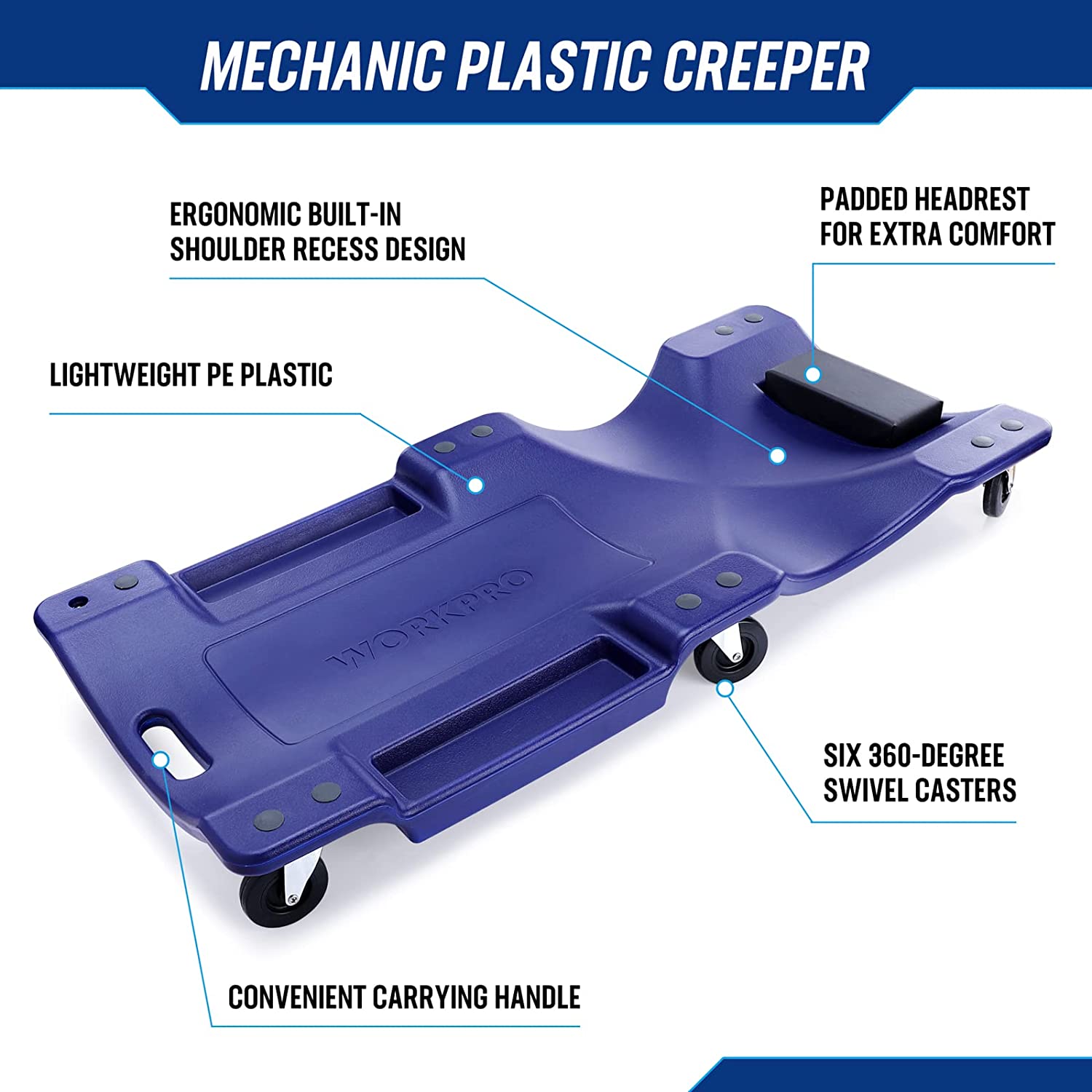 Blue mechanic plastic creeper with padded headrest and swivel caster wheels
