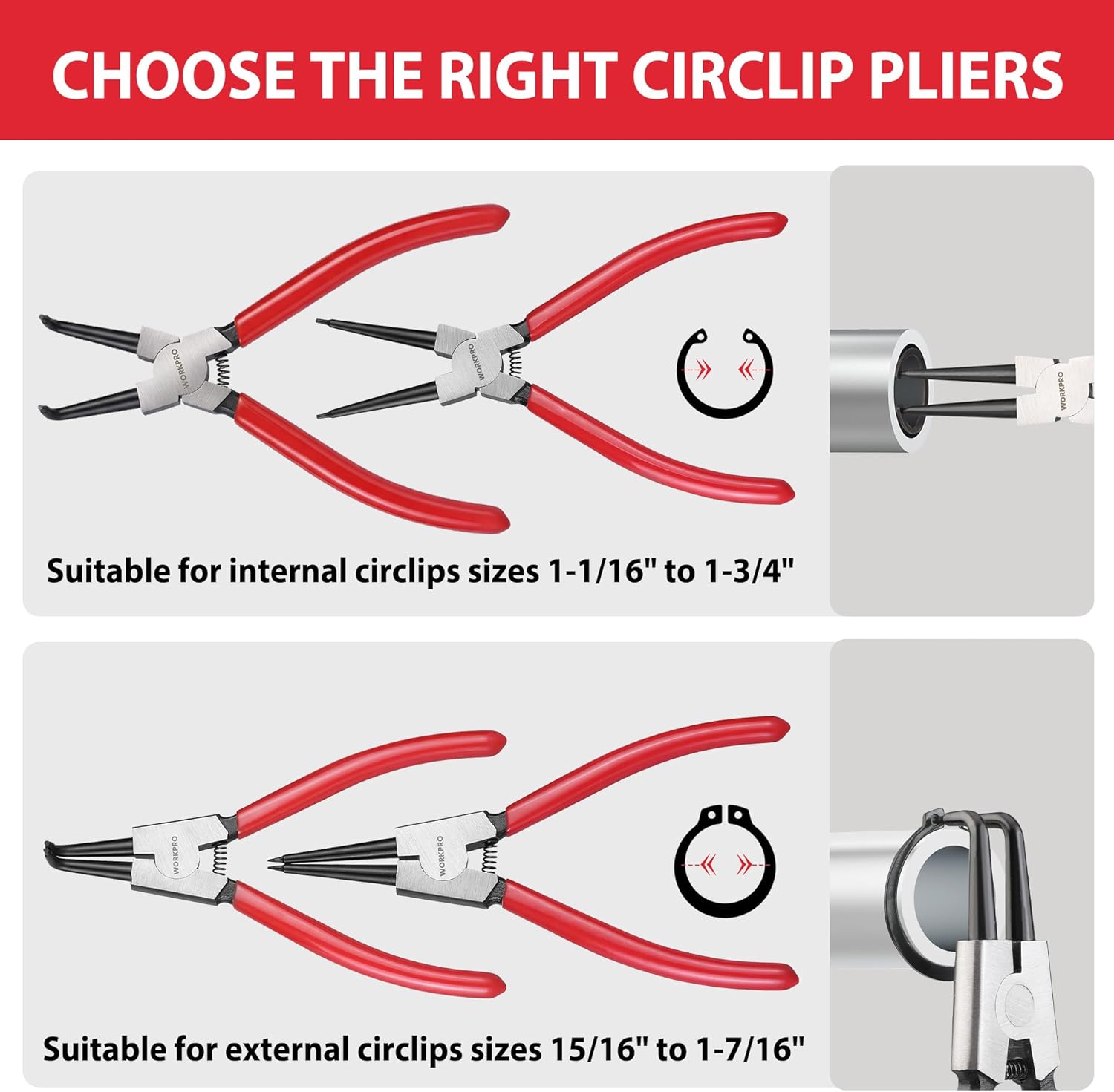 Circlip plier set diagram showing internal and external sizes with red bent jaws