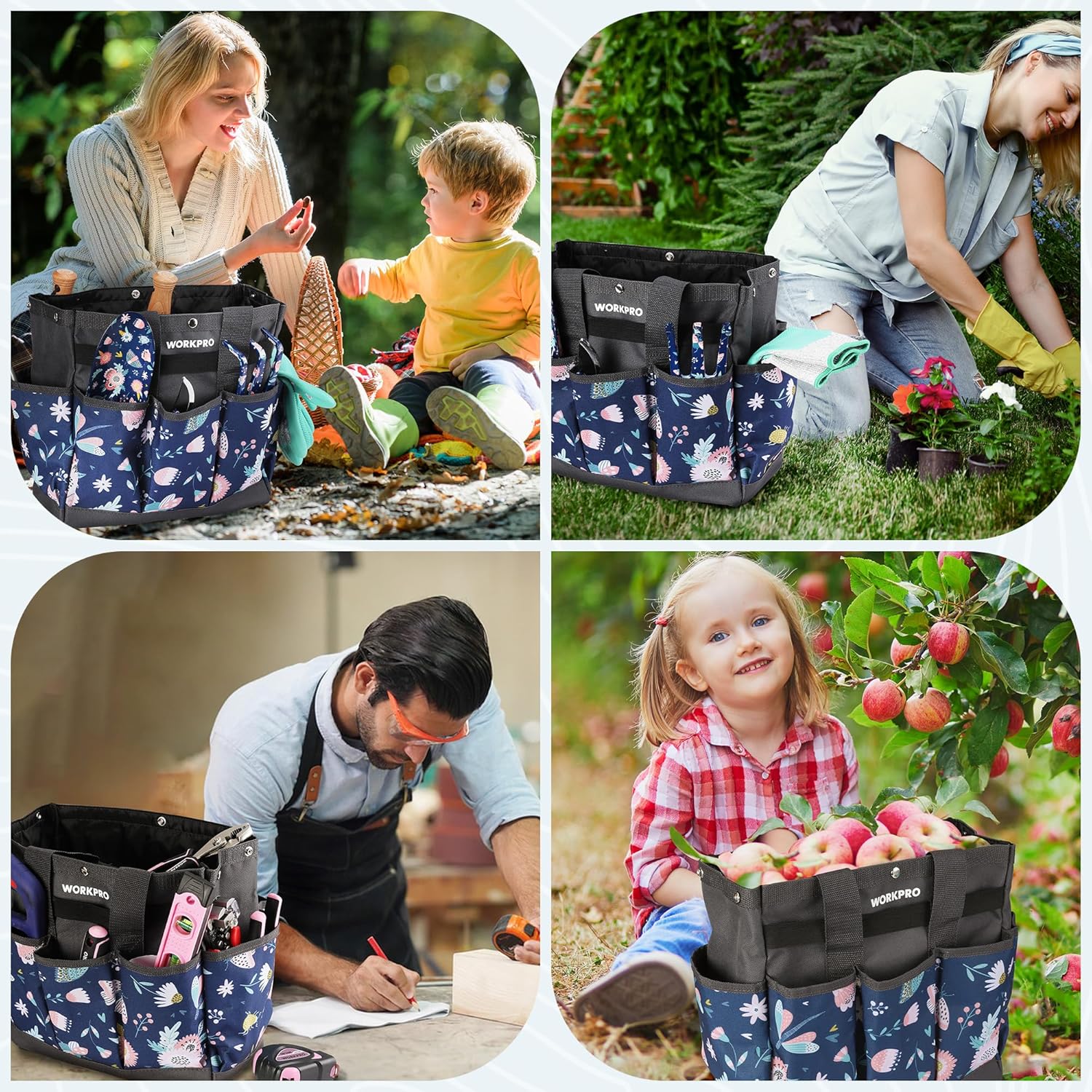 Blue WORKPRO gardening tool tote with multi pockets and colorful insect print, open compartments.