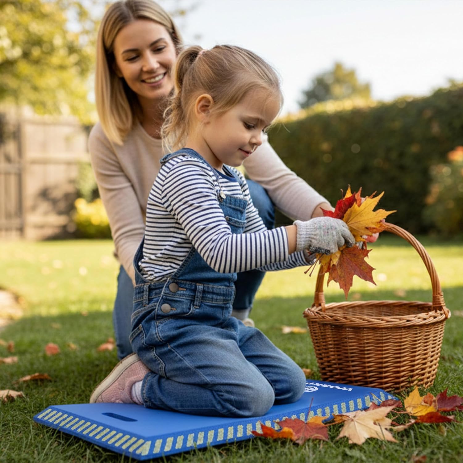 Blue foam kneeling pad with textured yellow grip edge for non-slip kneeling support.