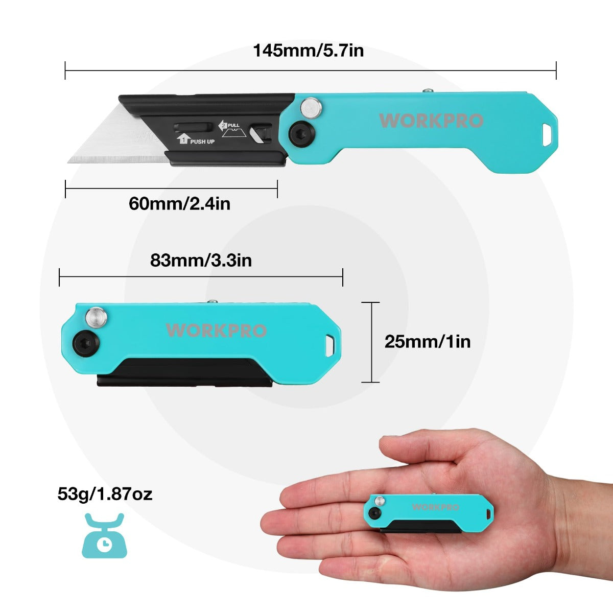 WORKPRO folding utility knife, teal blue body with blade extended, size view