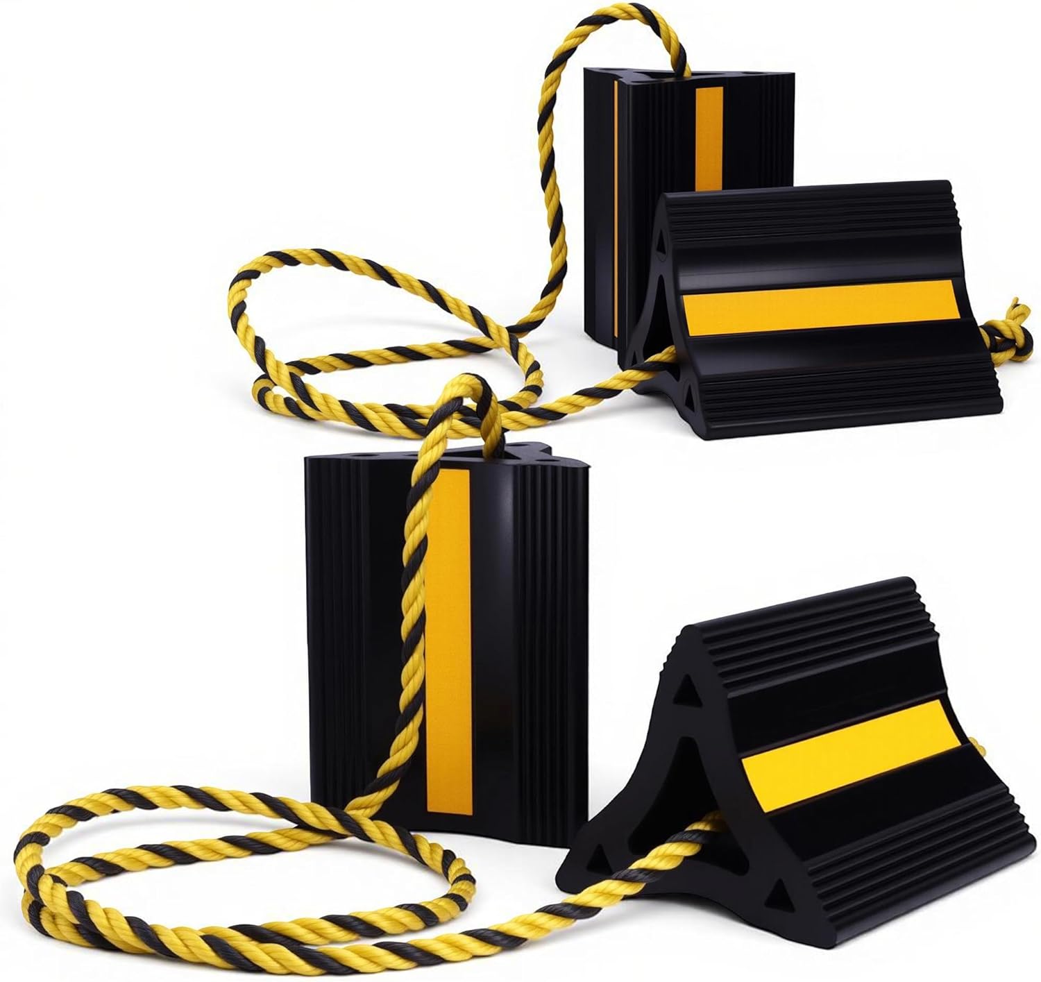 Set of 4 black rubber wheel chocks with rope and yellow reflective center stripe