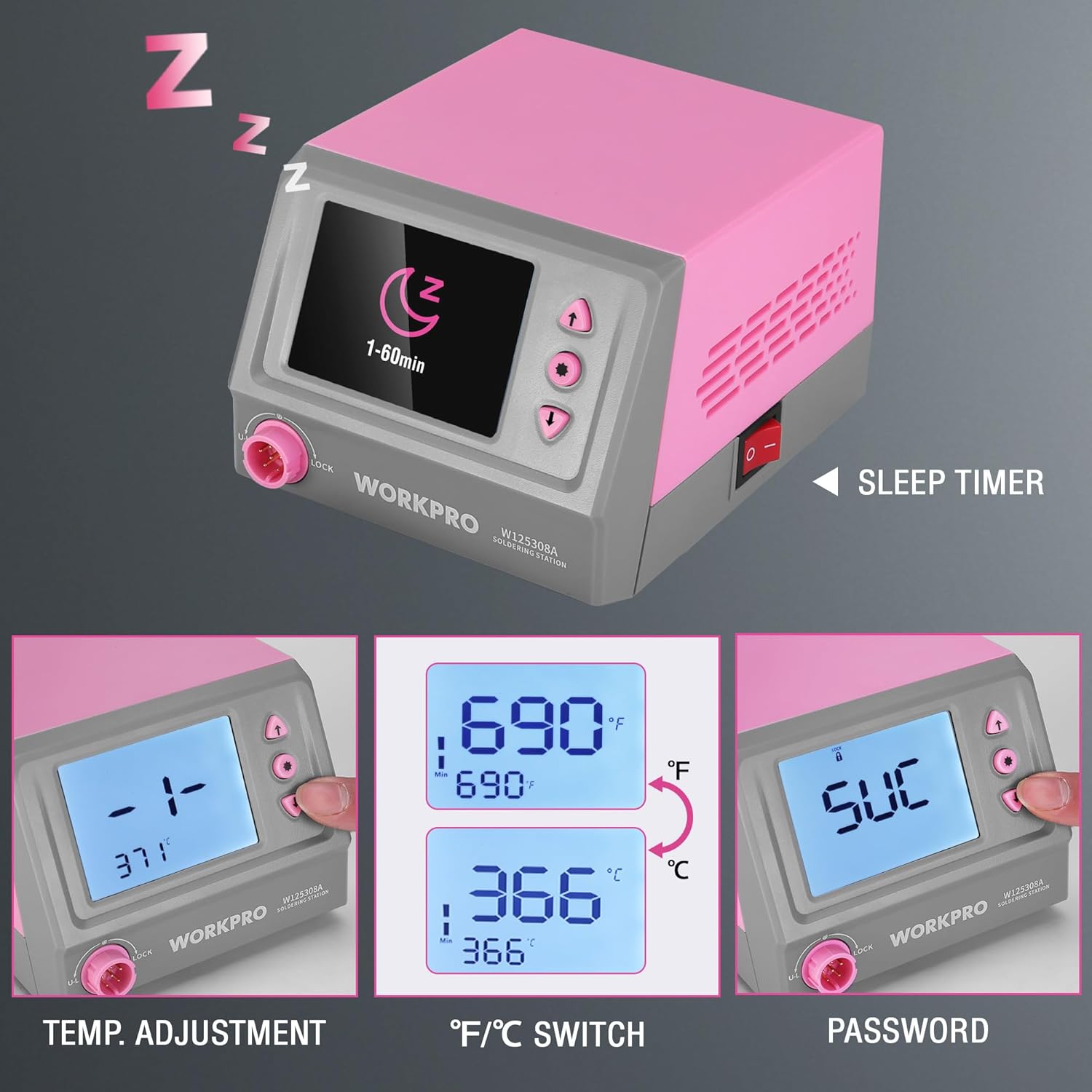 Pink digital soldering station showing temperature and sleep timer on its display