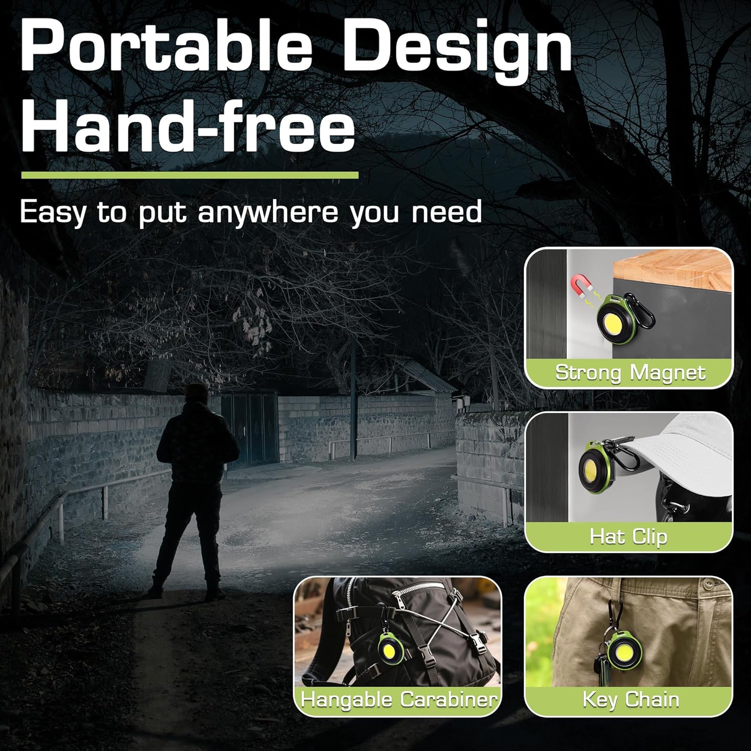 Mini green keychain light with magnetic base and detachable hat clip