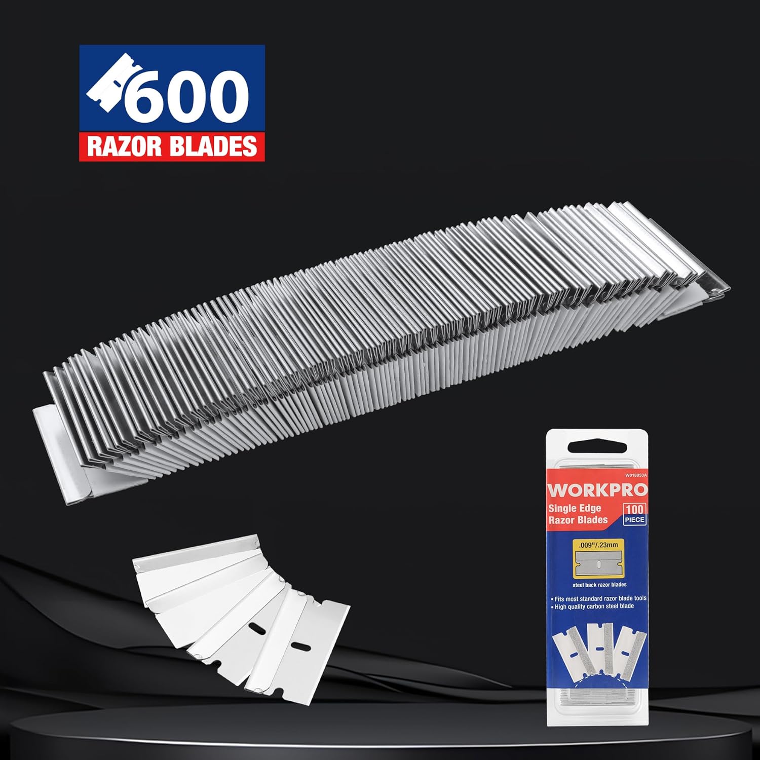Pack of single-edge scraper razor blades with multiple stacked blade strips