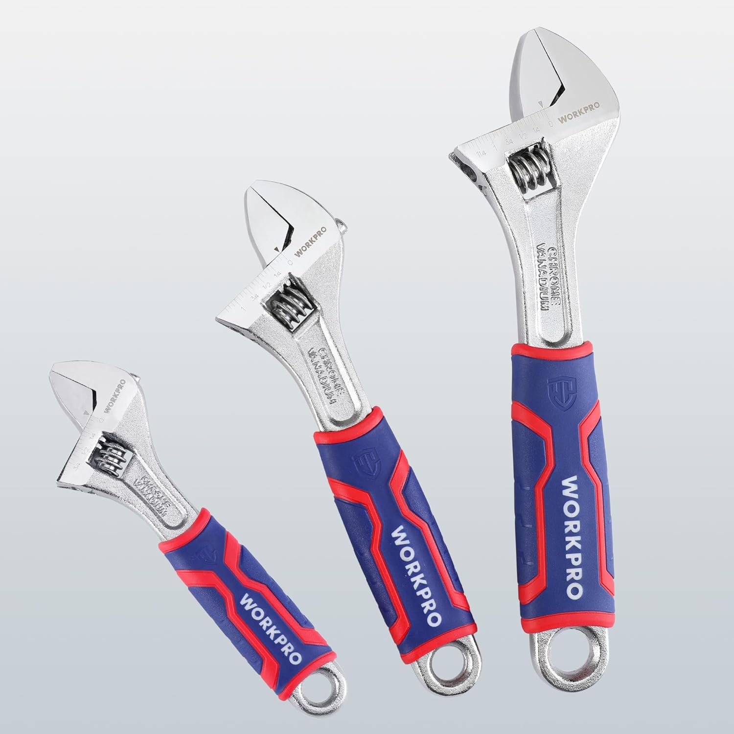 Three chrome adjustable wrenches with wide jaws and blue/red ergonomic TPR grips