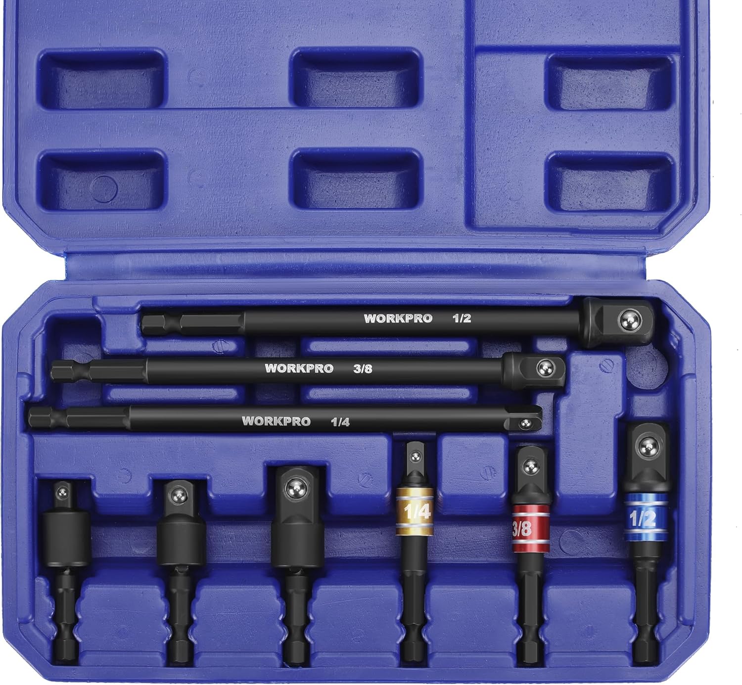 WORKPRO open blue case with multiple black socket adapters in molded slots