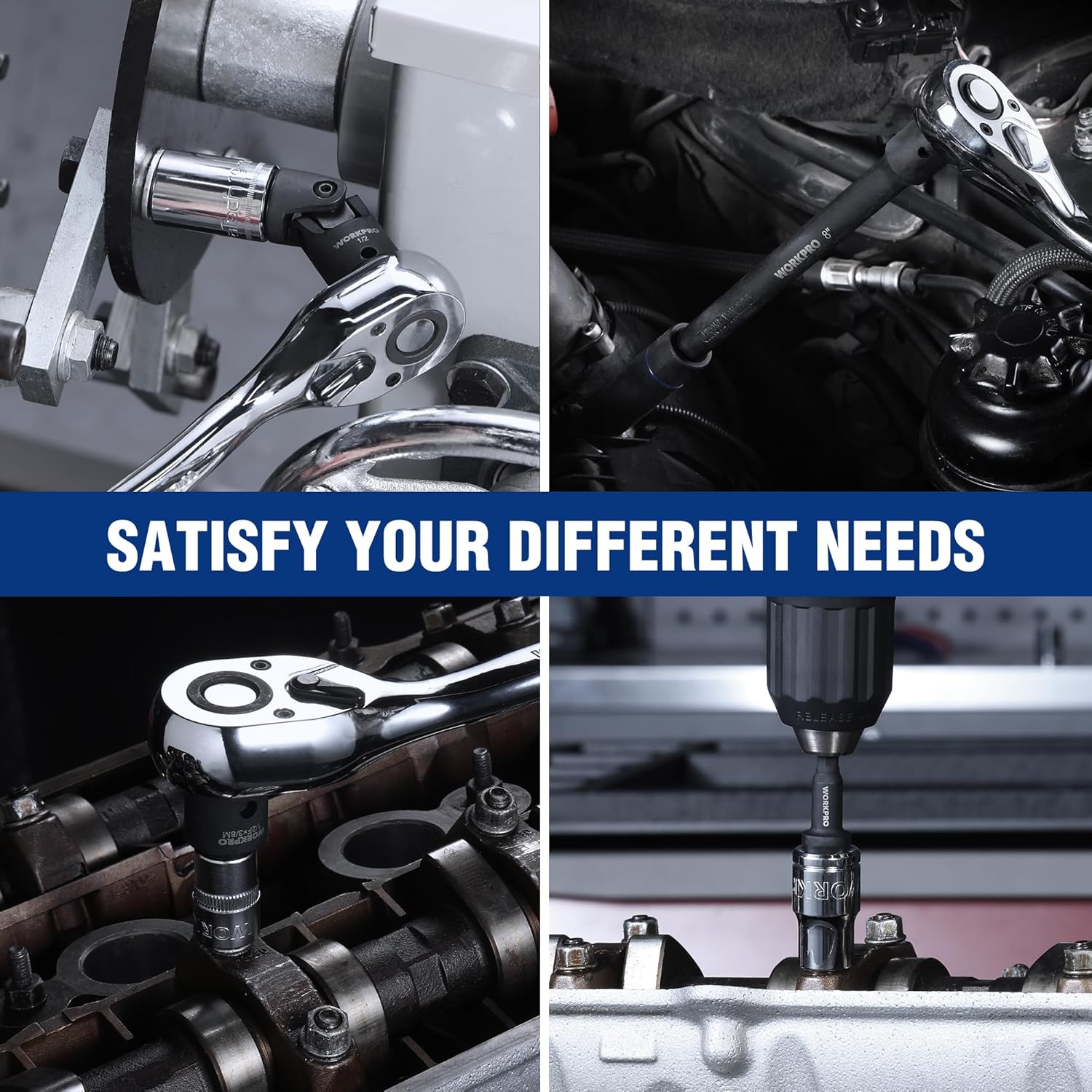 Black 1/2-in drive socket extensions and universal joint shown on a ratchet connection