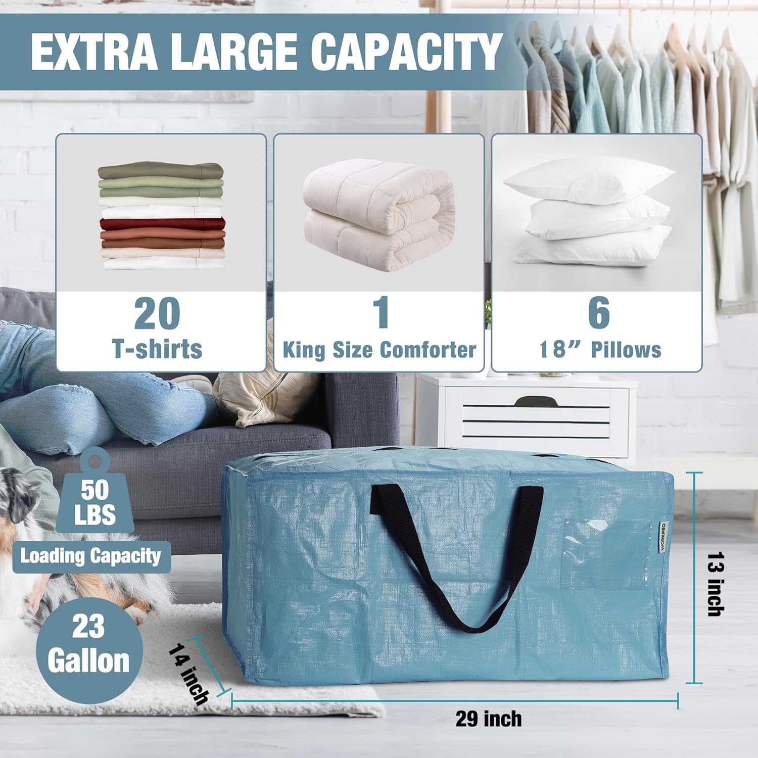 Extra large dusty blue moving bag with wide handles and zippered opening for packing