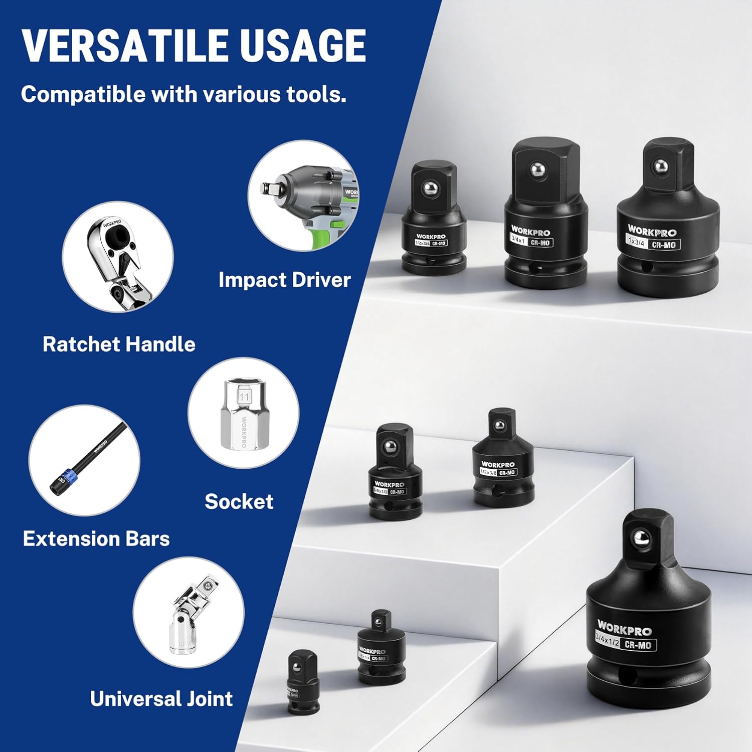 Black impact socket adapter and reducer set, multiple drive heads in a stack