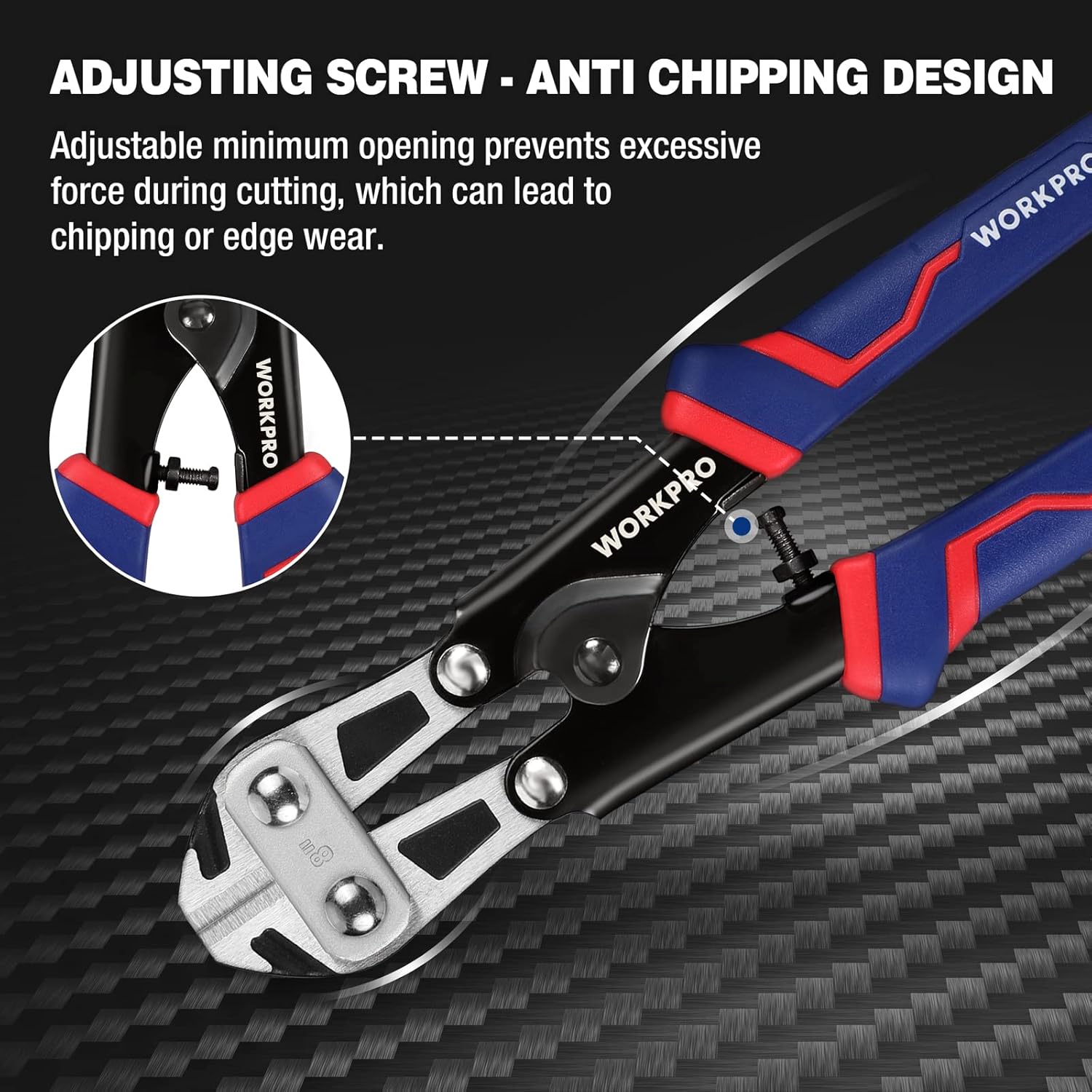 8-inch mini bolt cutter with adjustable screw and blue/red anti-slip handles