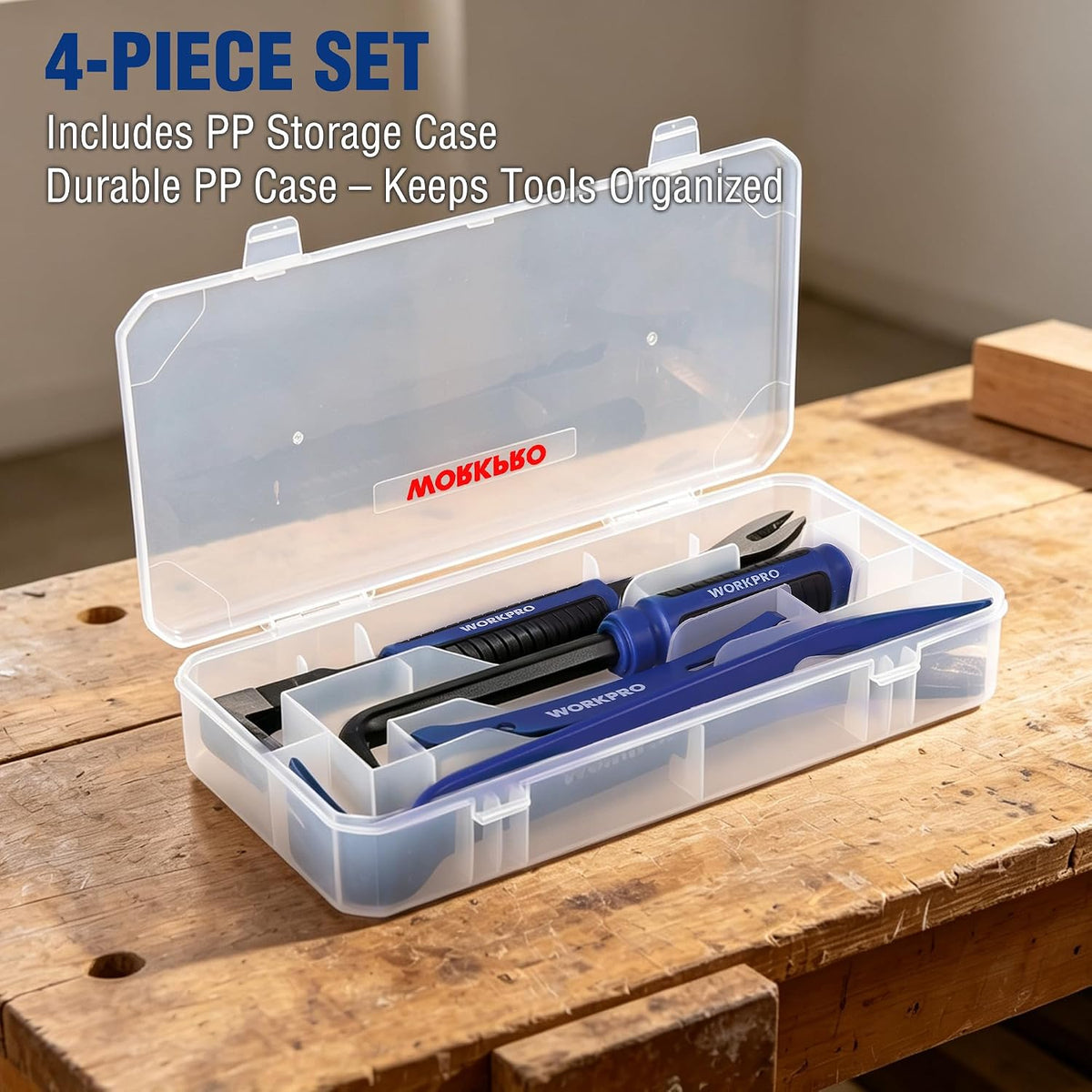 WORKPRO 4-Piece Pry Bar Set with Case | Includes 7" Mini, 10" Puller, 12" Cat's Paw & Flat. Forged Steel, HT, Rust-Resist. For Demo/Remodel/Woodwork